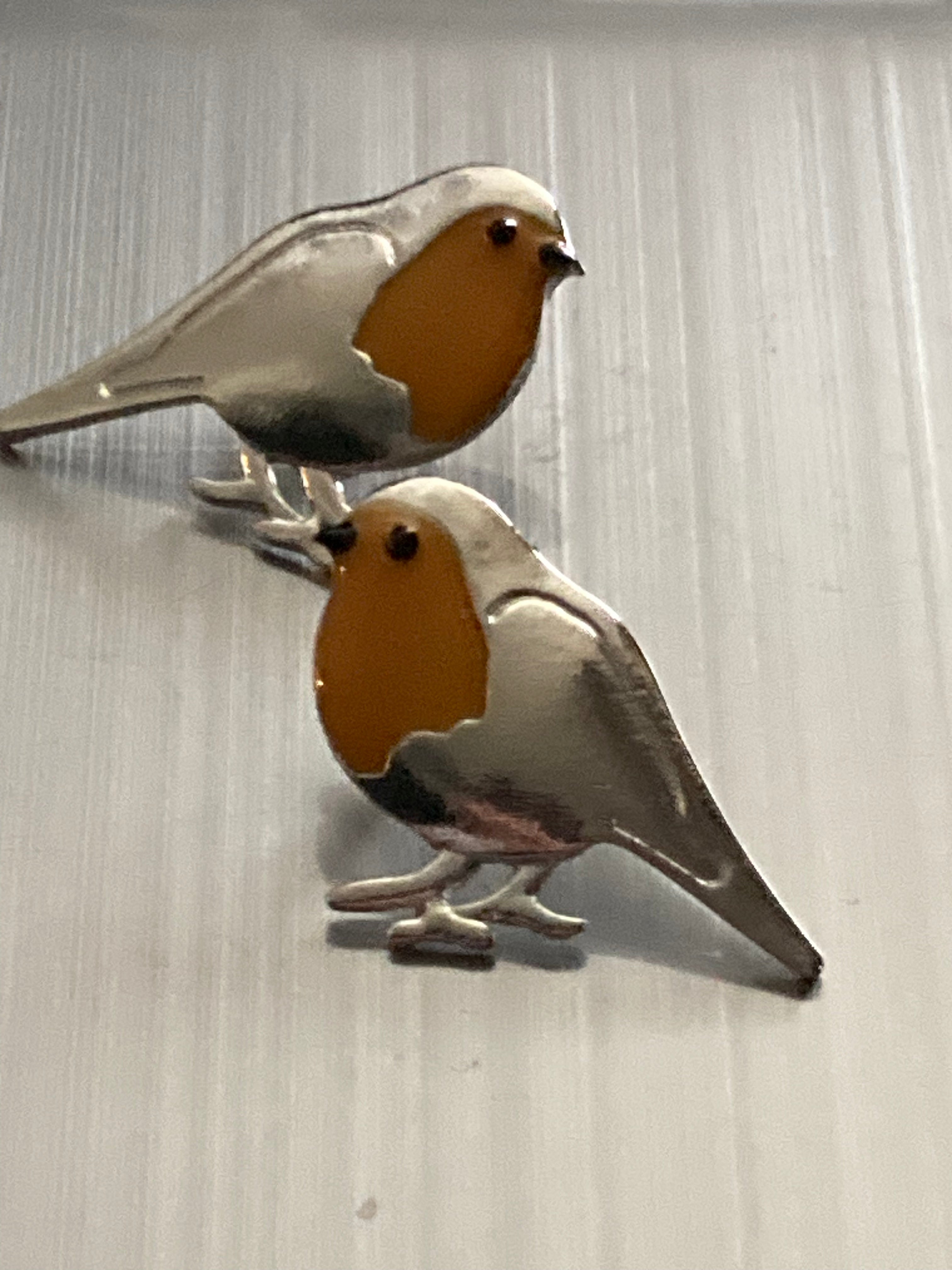 Large Robin earrings redbreast silver tone studs 3.5 cm red orange enamel for pierced ears