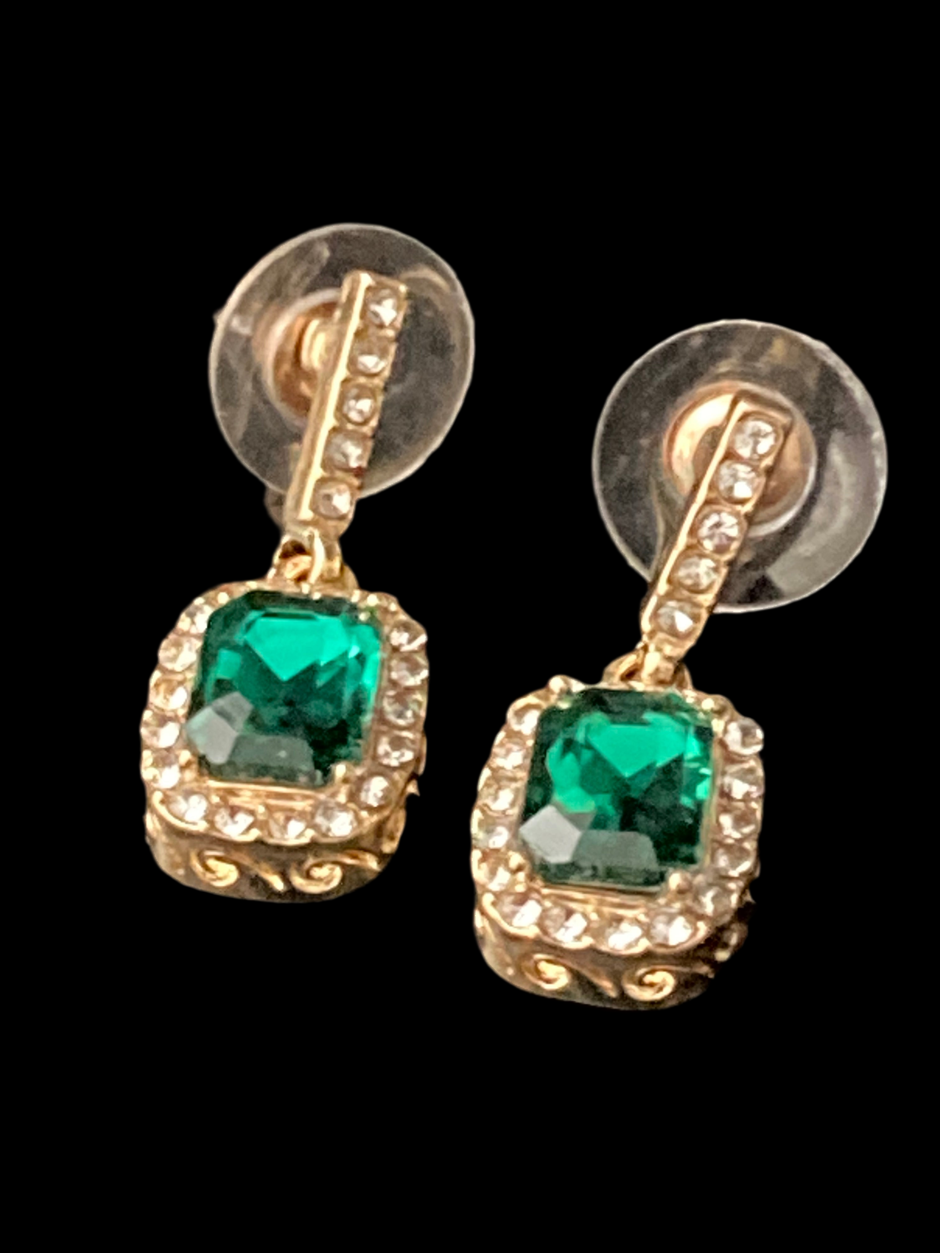 Emerald & clear diamanté antique style drop earrings