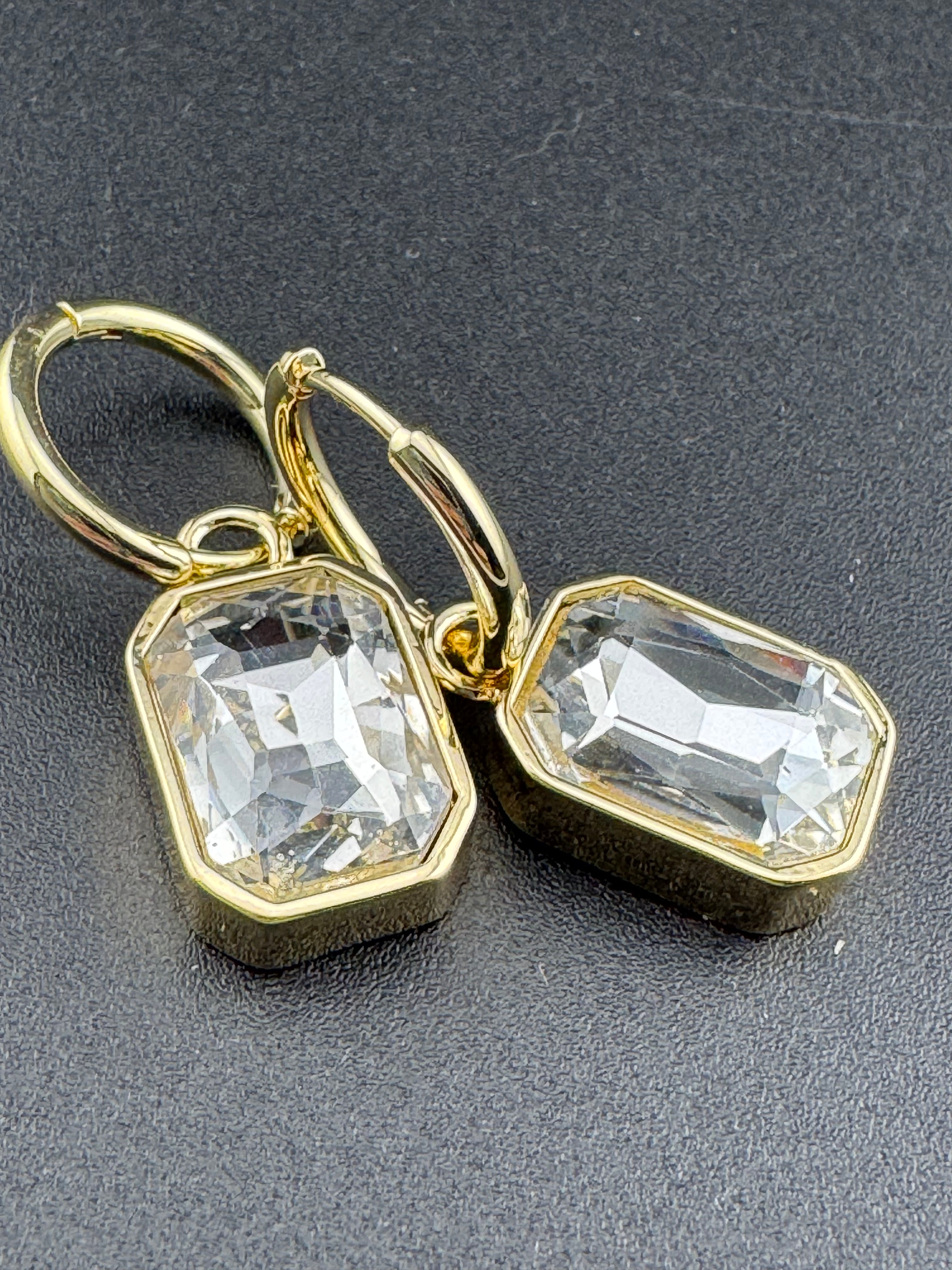 Clear diamond glass crystal octagonal charm small hoop earrings pierced, gold plated