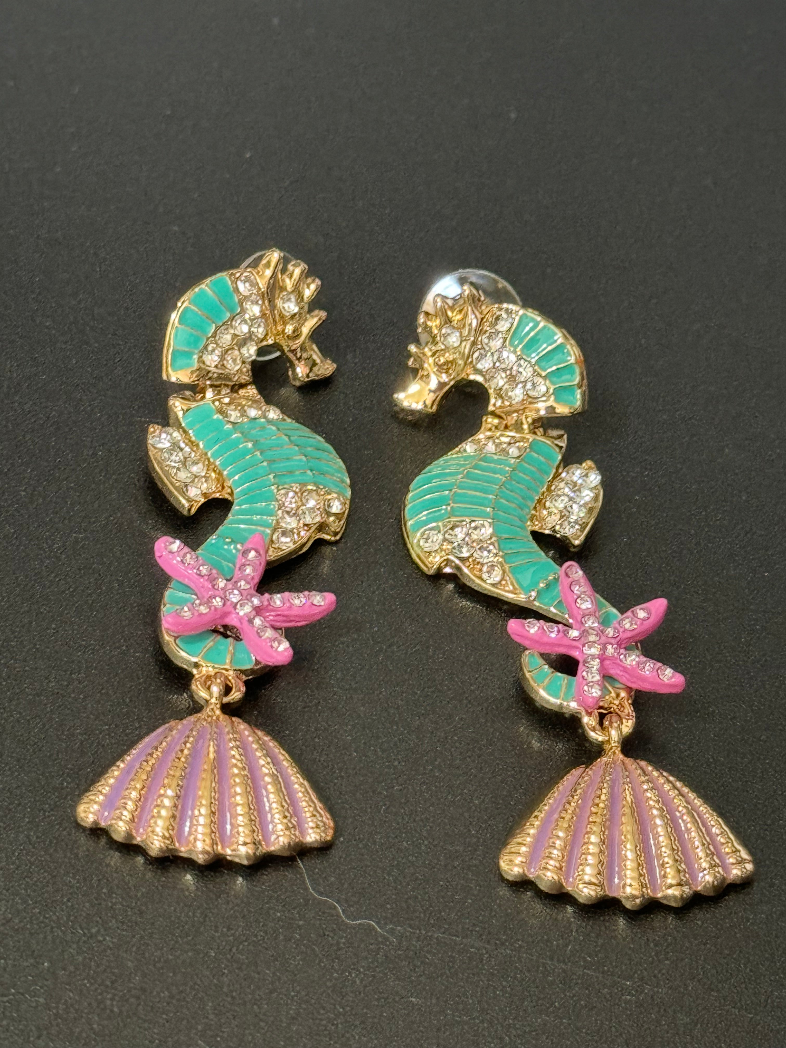 Large mint green and pink crystal seahorse earrings