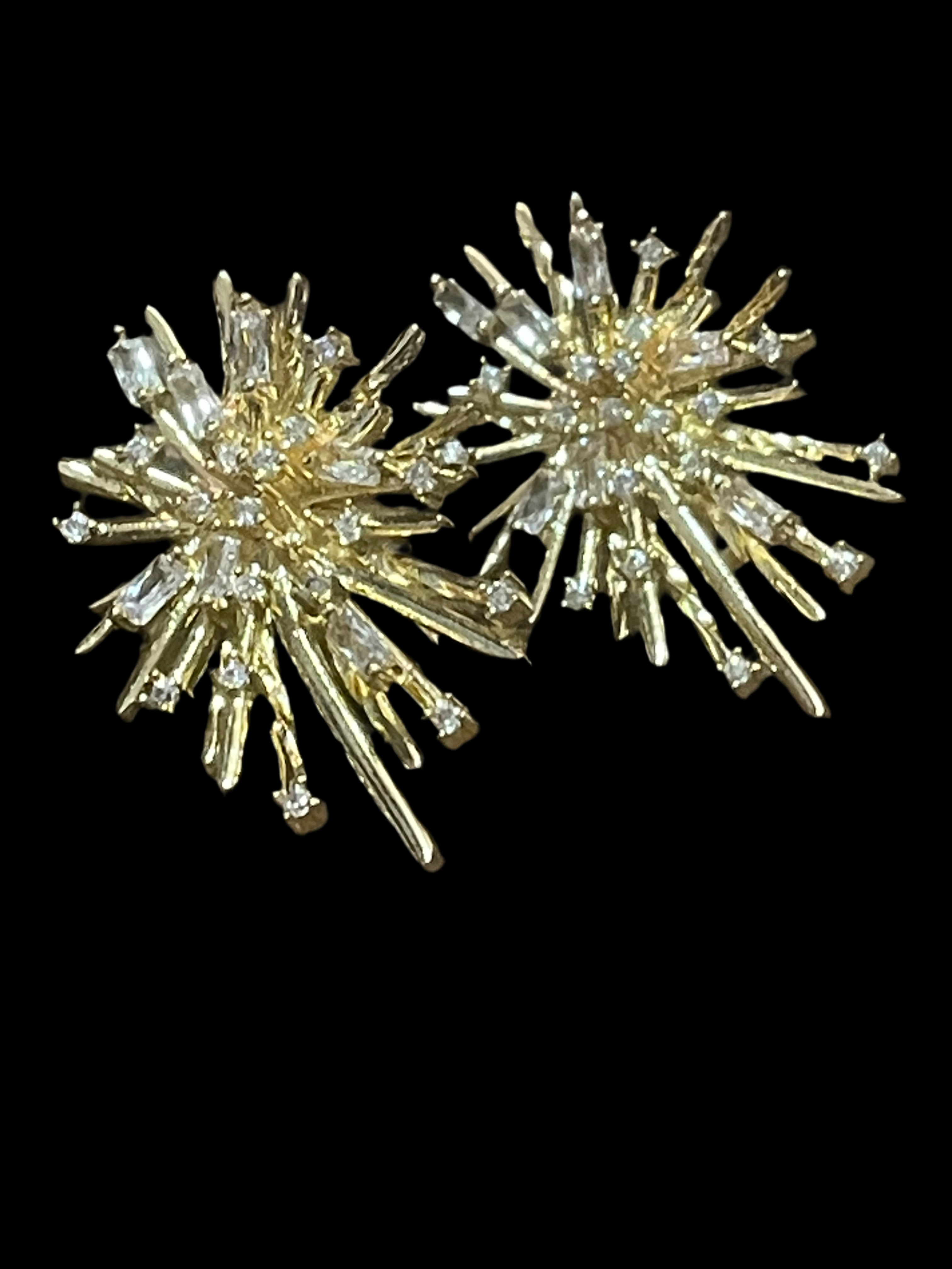 Modernist brutalist style gold diamanté atomic starburst clip on earrings