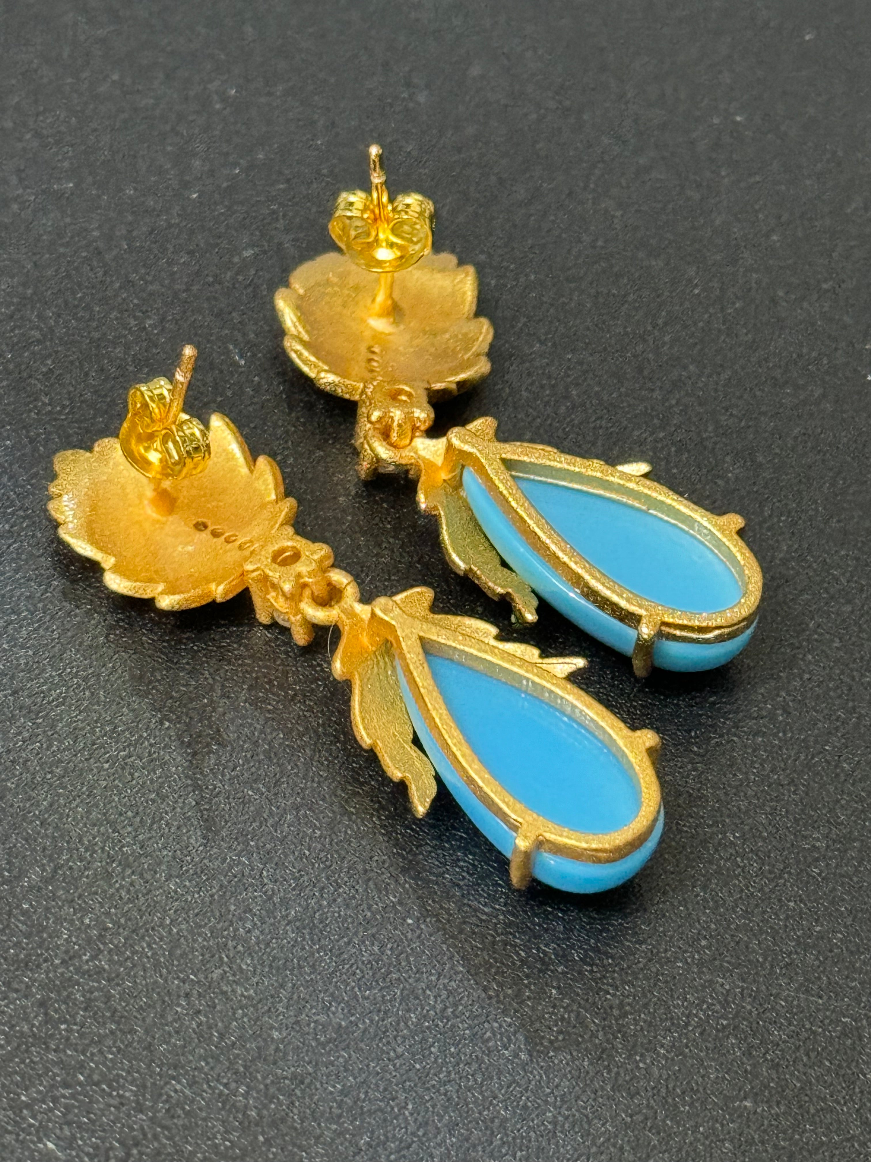 High end Antique Etruscan style gold tone faux turquoise teardrop earrings