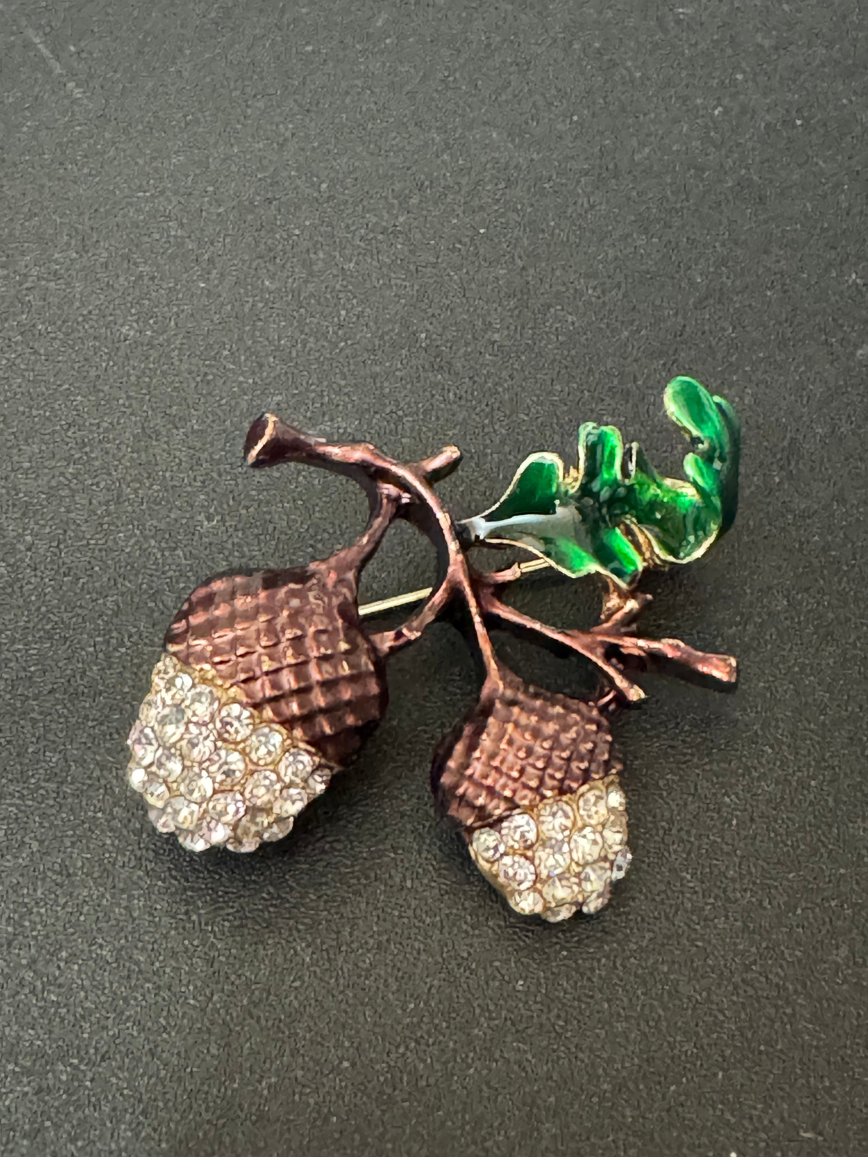 Crystal Oak tree acorn brooch with brown green enamel brooch with clear rhinestones