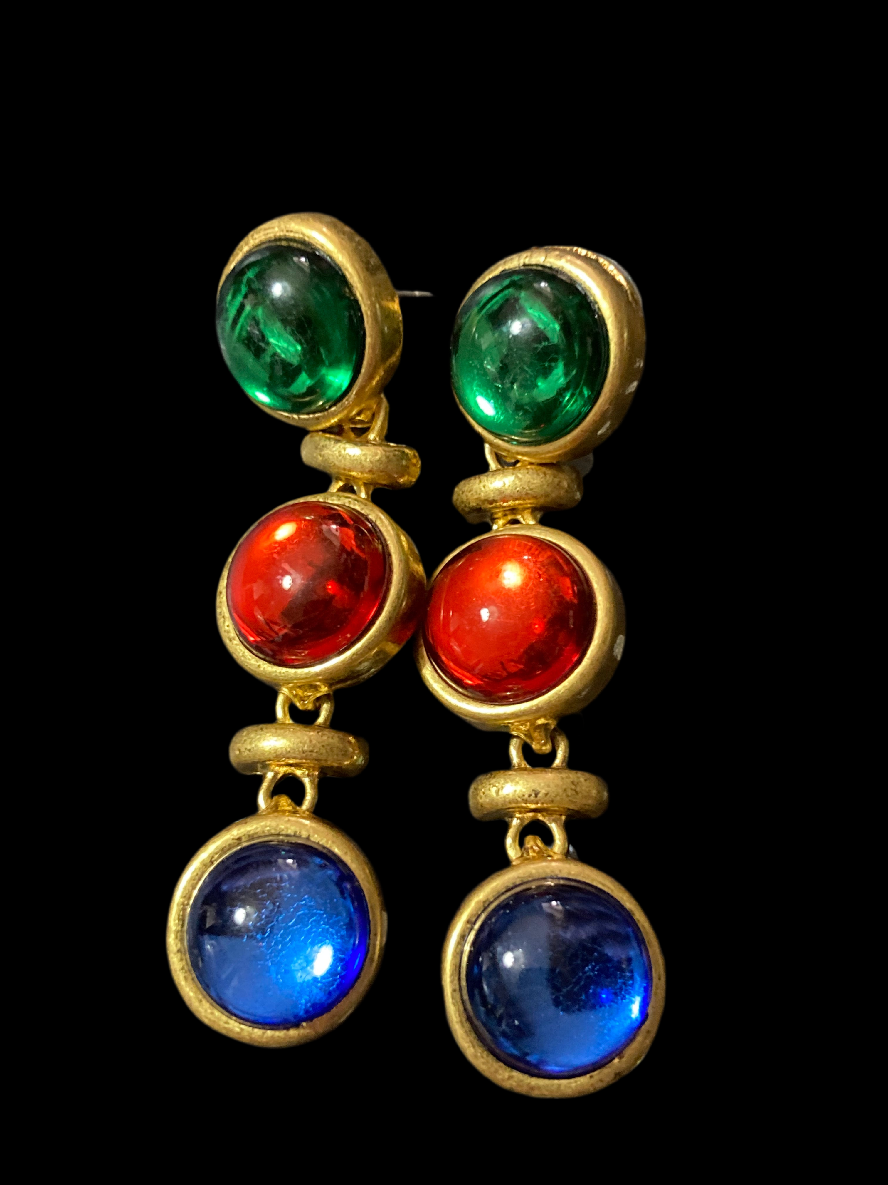 Gold gripoix style emerald ruby sapphire drop earrings