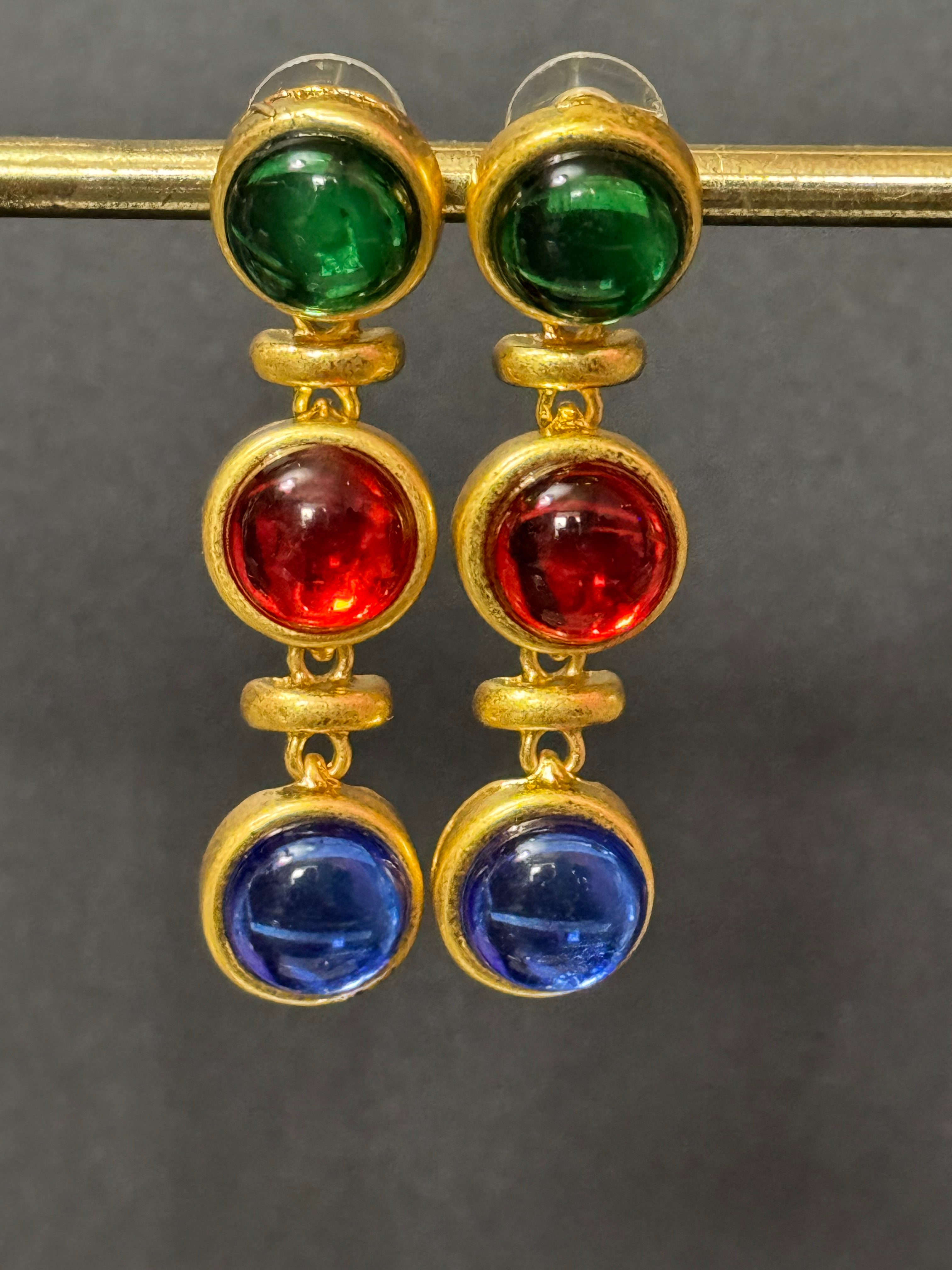 Gold gripoix style emerald ruby sapphire drop earrings