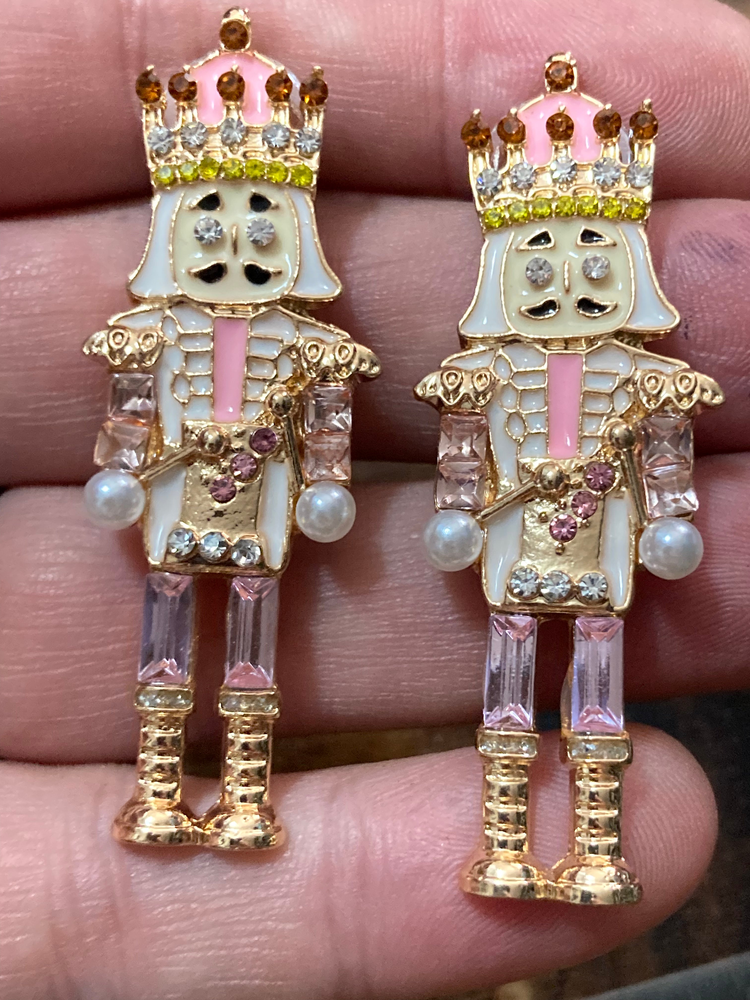 Christmas baby pink pearl and diamanté nutcracker man soldier earrings