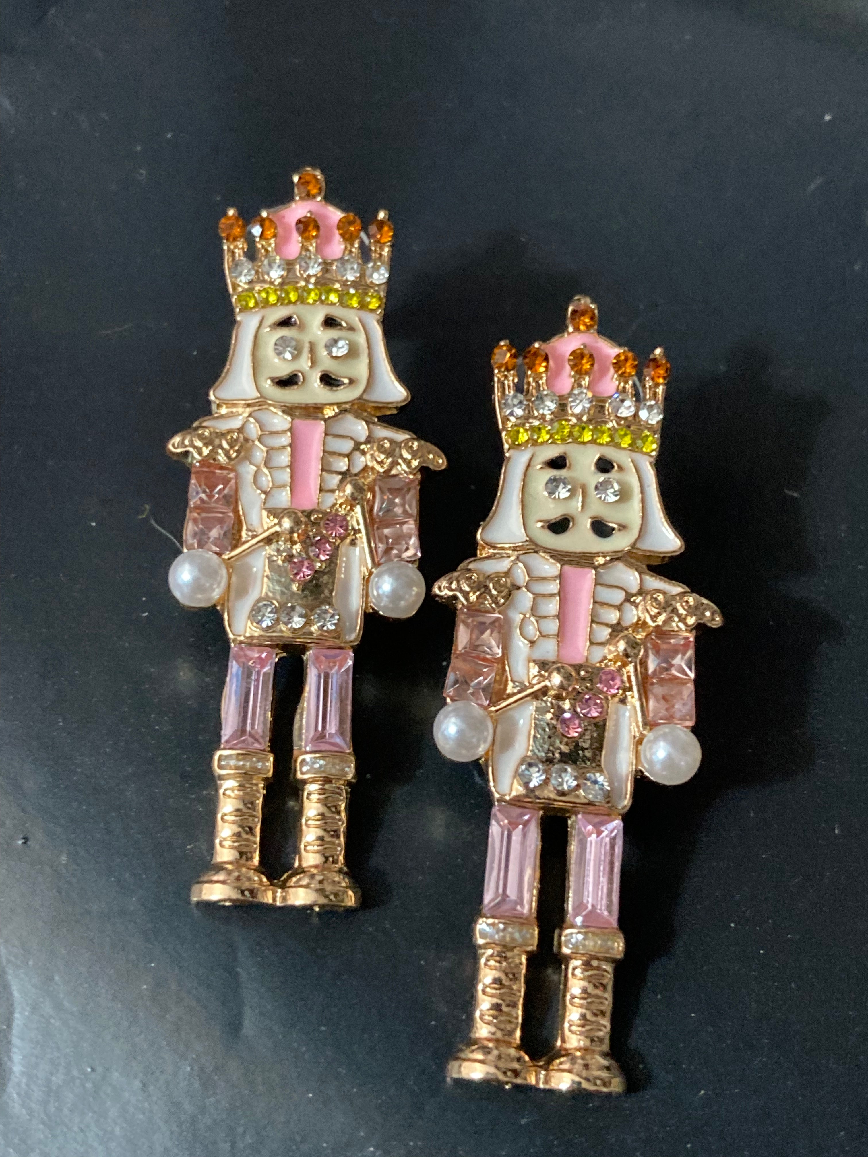 Christmas baby pink pearl and diamanté nutcracker man soldier earrings