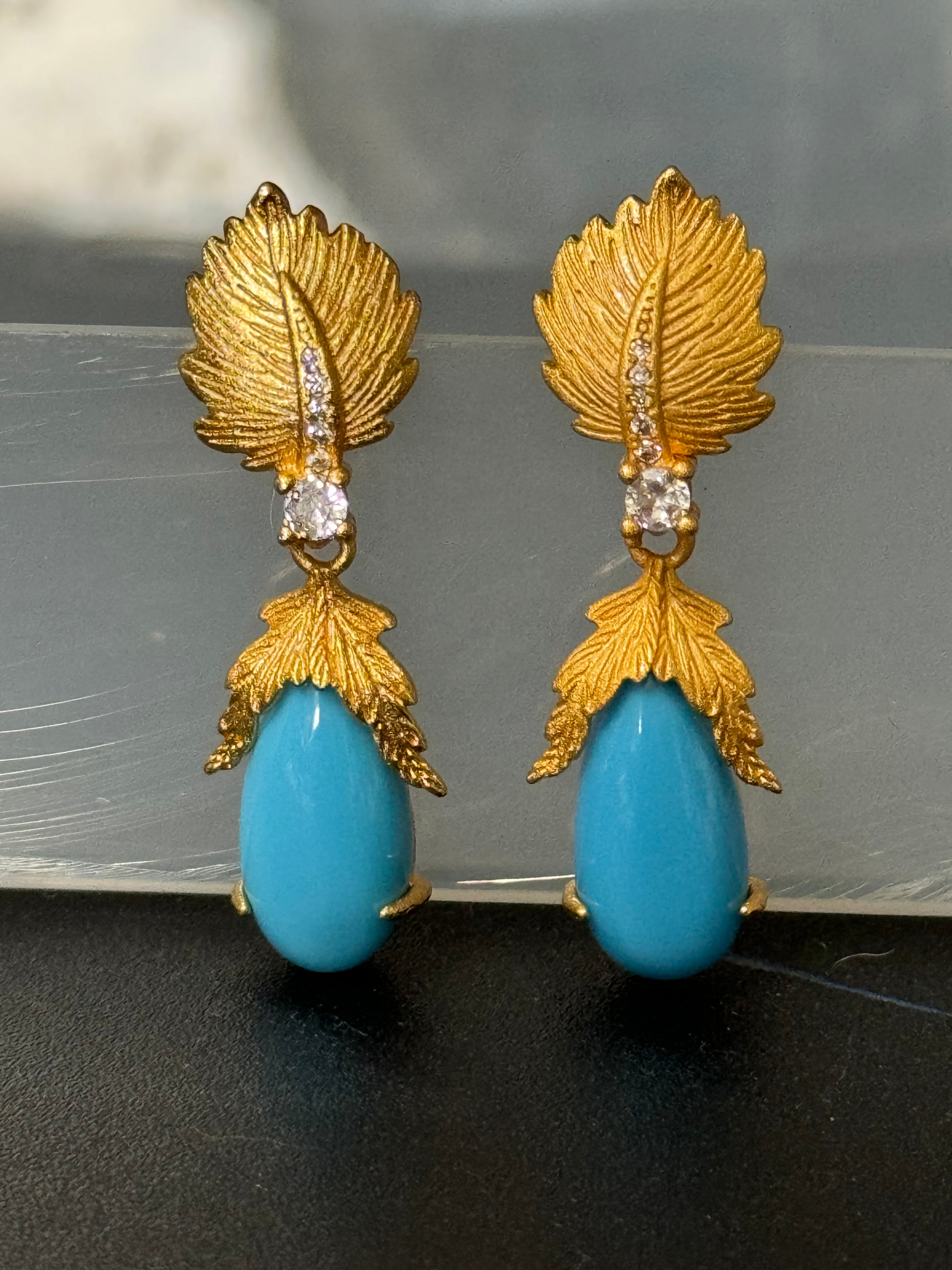 High end Antique Etruscan style gold tone faux turquoise teardrop earrings