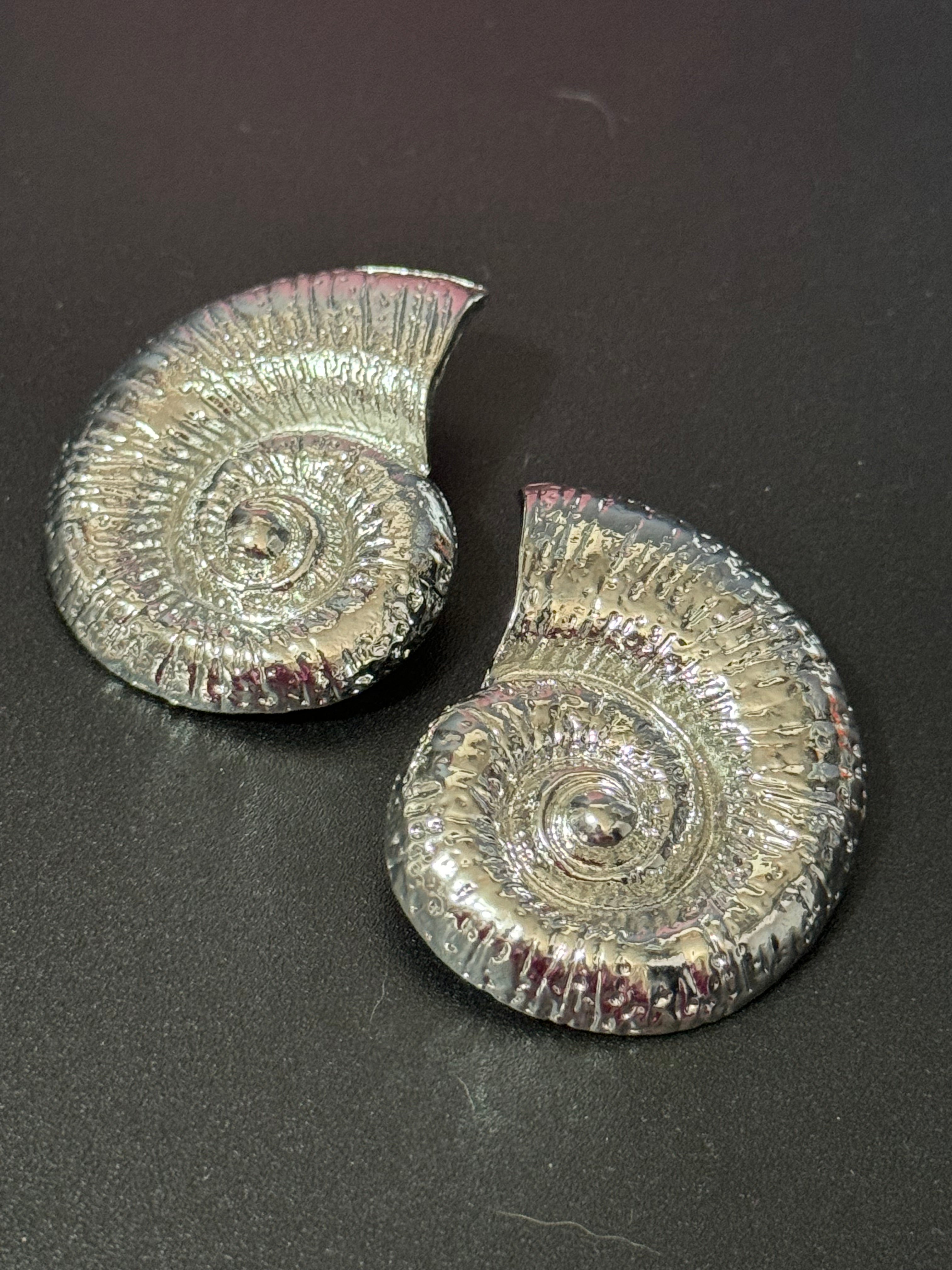 Oversized silver tone sea shell ammonite nautical earrings pierced