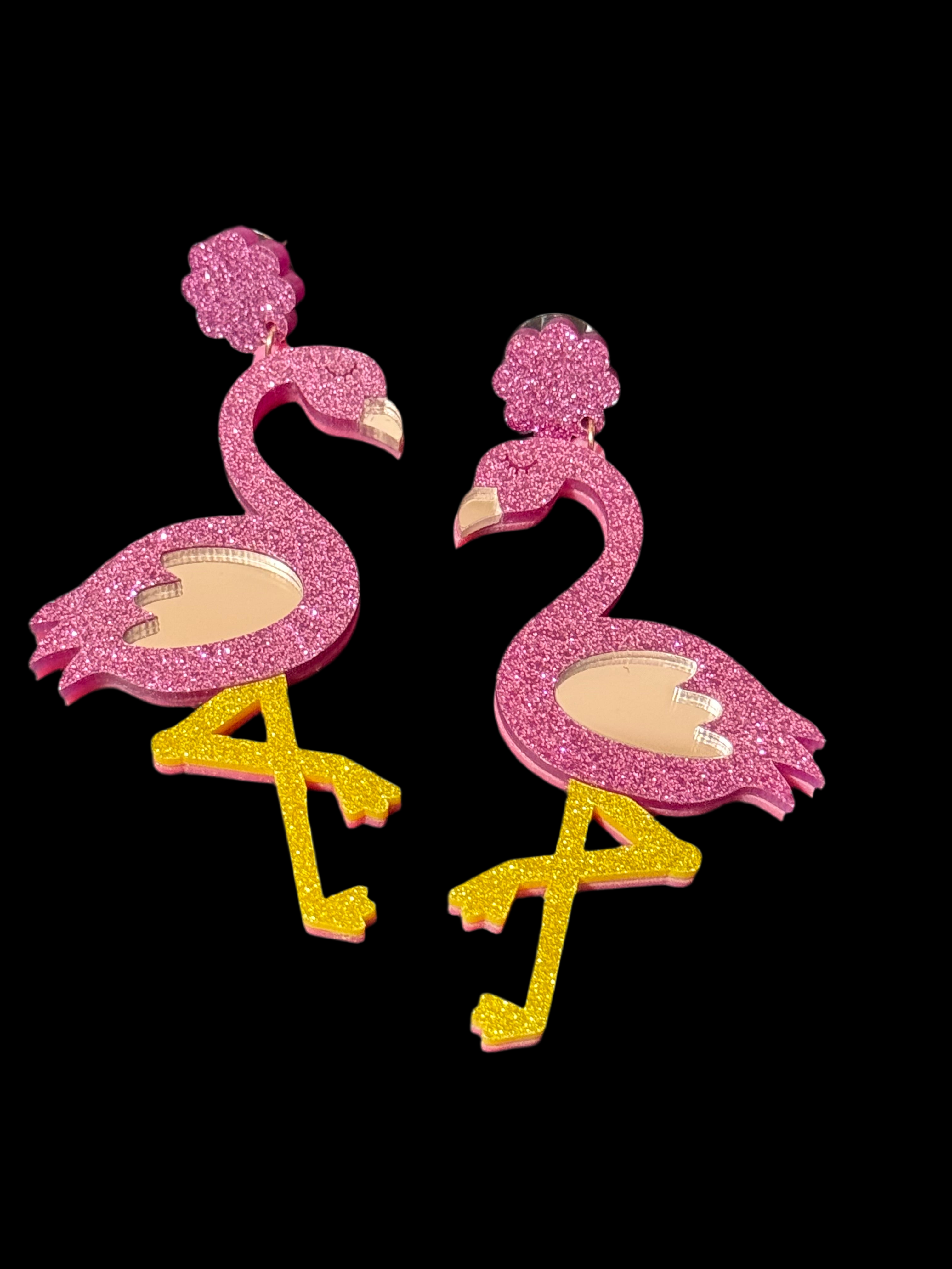 Oversized bright pink glittery flamingo earrings acrylic