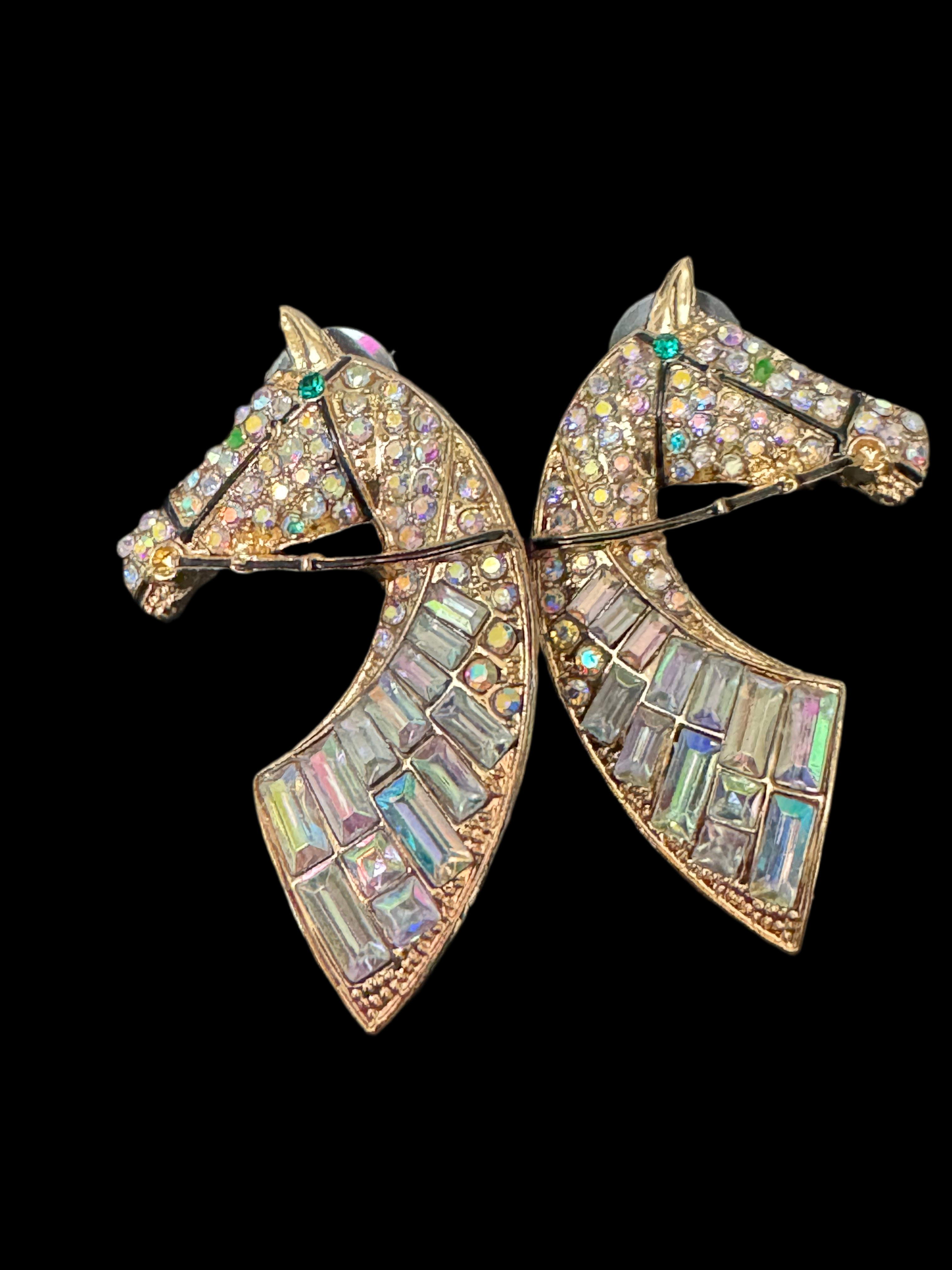 Oversized novelty horse head earrings clear rainbow crystal baguette diamanté pierced studs