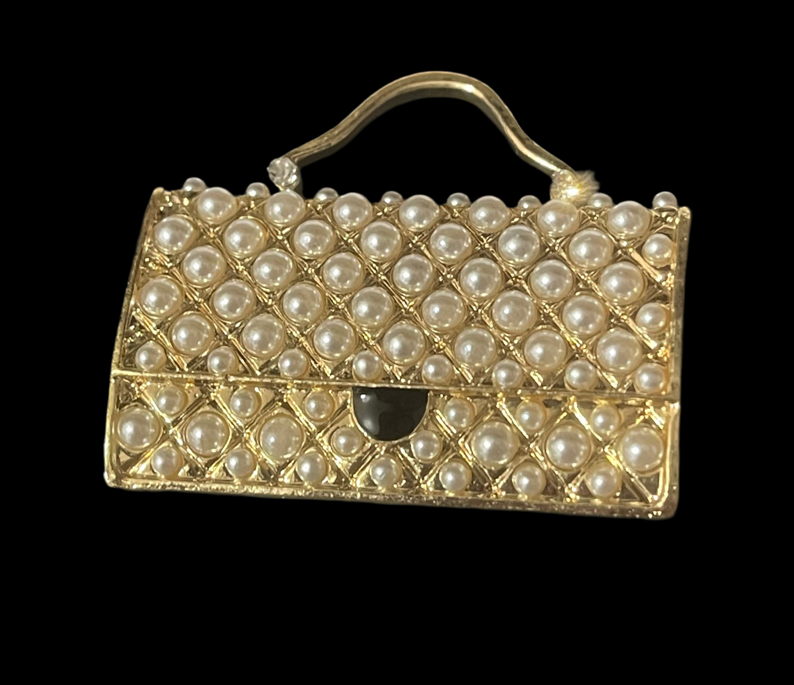 Novelty seed pearl handbag brooch gold tone