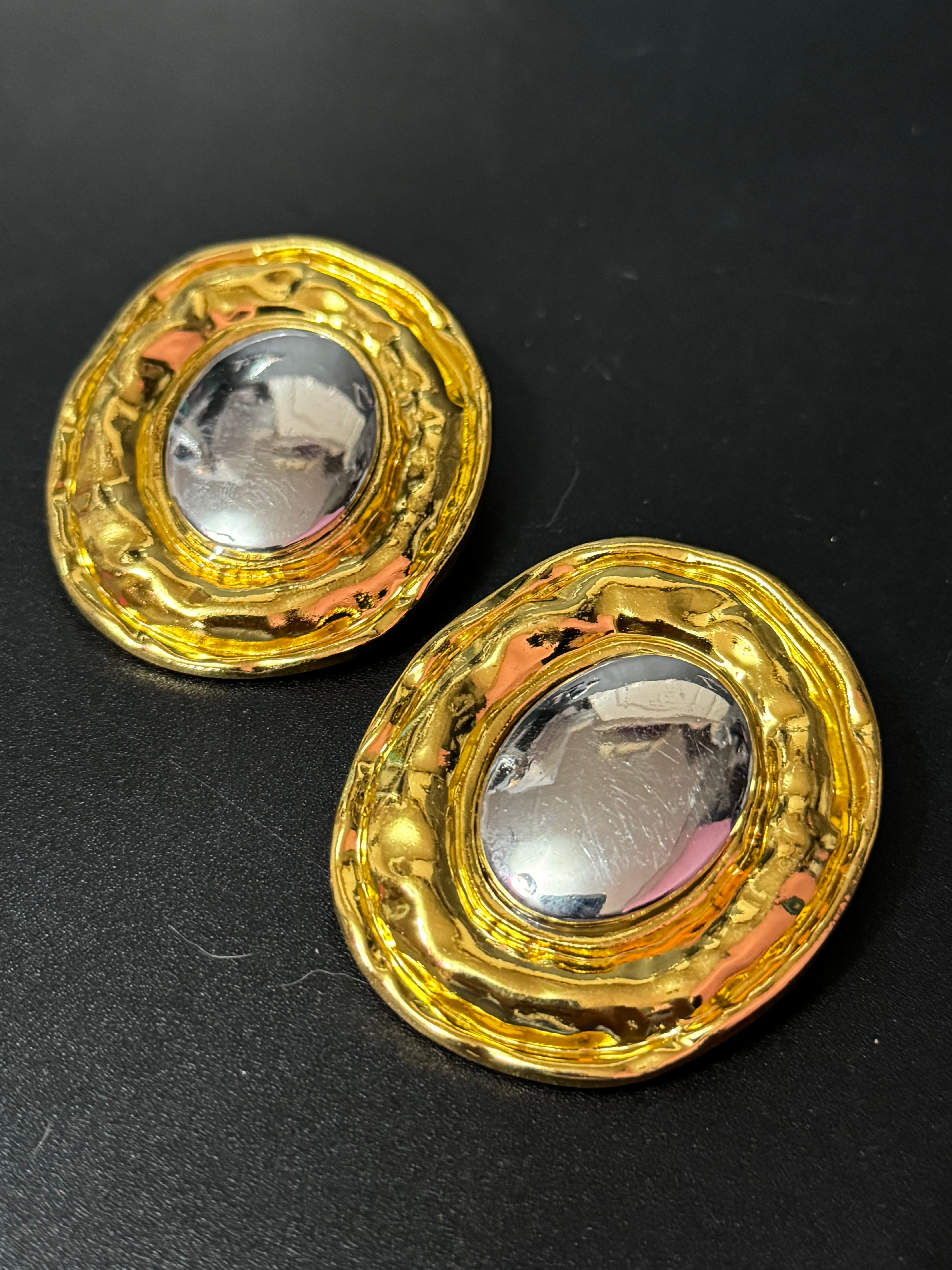 Oversized huge gold and silver tone statement Textured oval pierced stud earrings