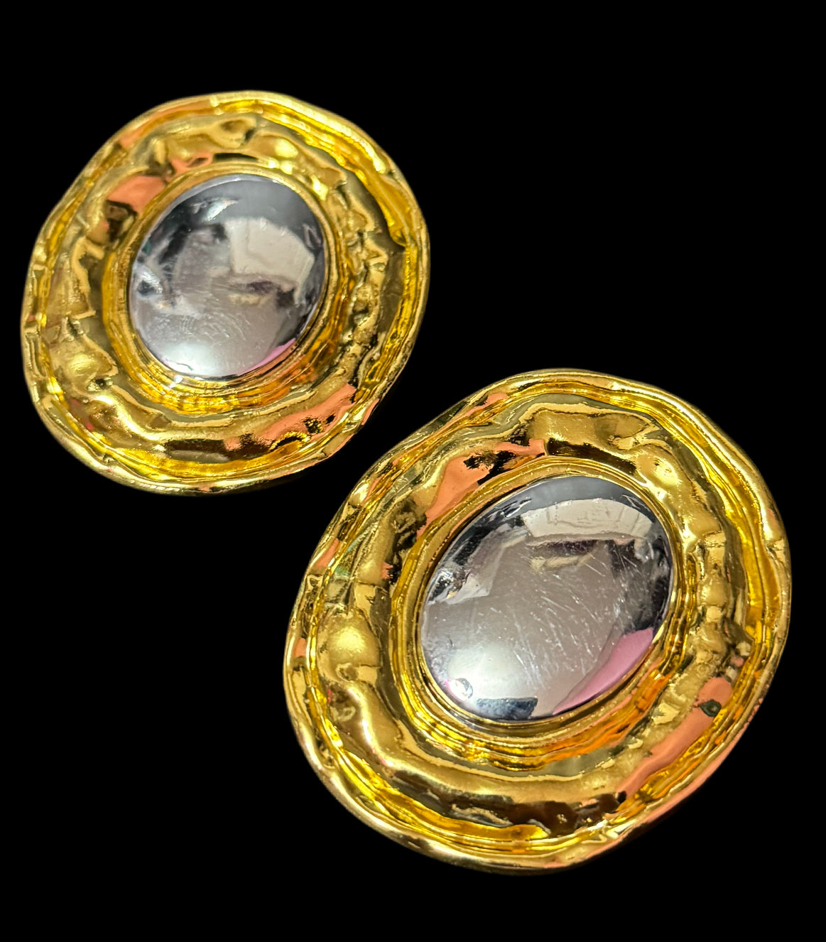 Oversized huge gold and silver tone statement Textured oval pierced stud earrings