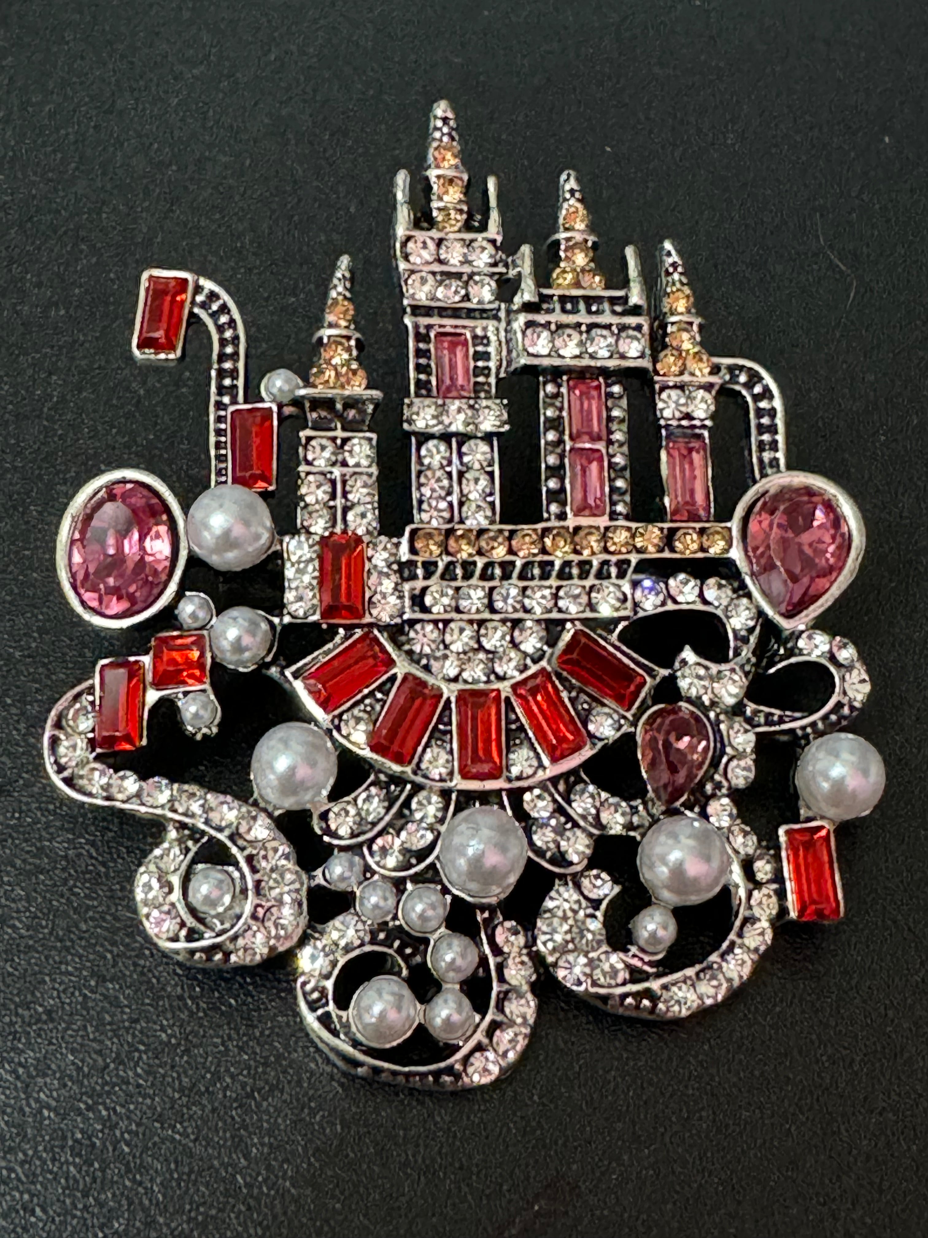 Pink Fairy princess castle brooch Crystal diamanté