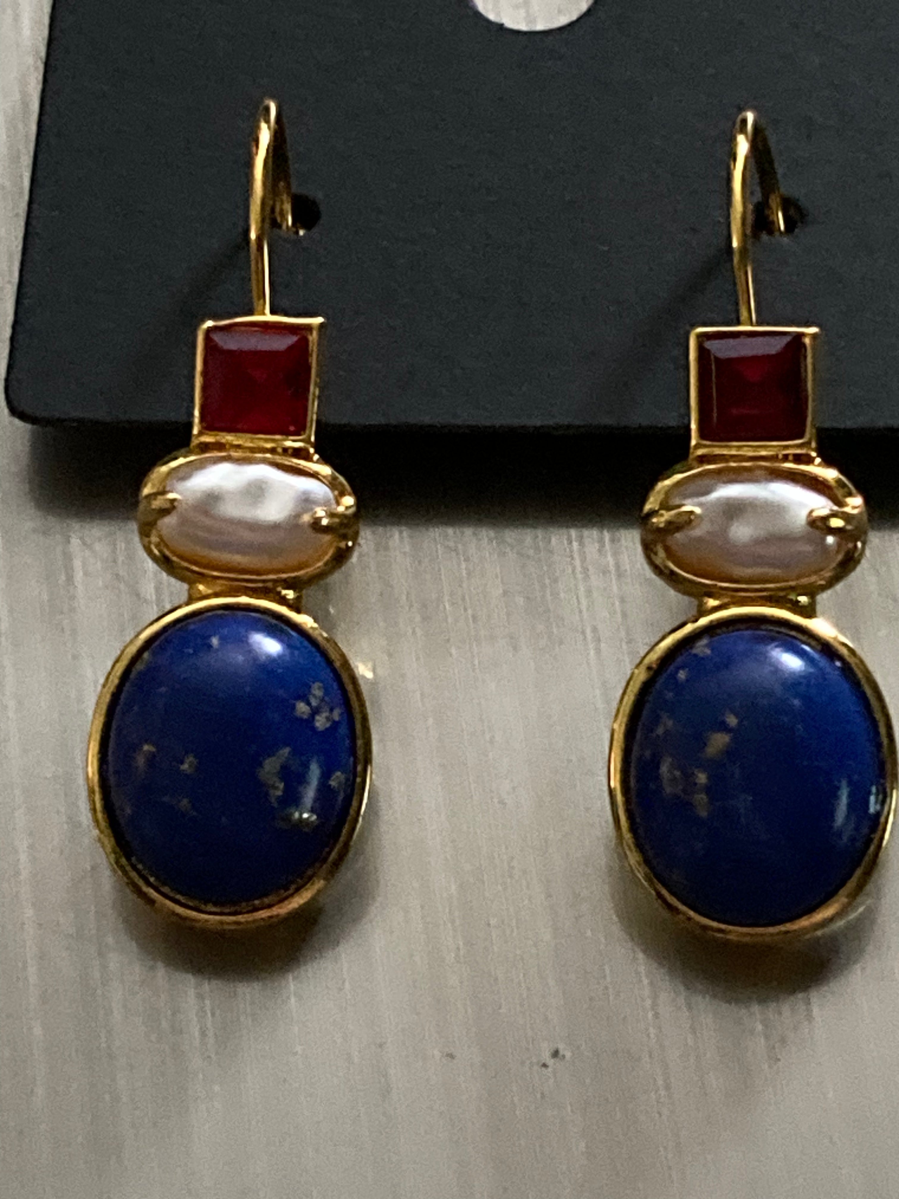 Gold tone faux lapis lazuli pearl and ruby red diamanté drop earrings