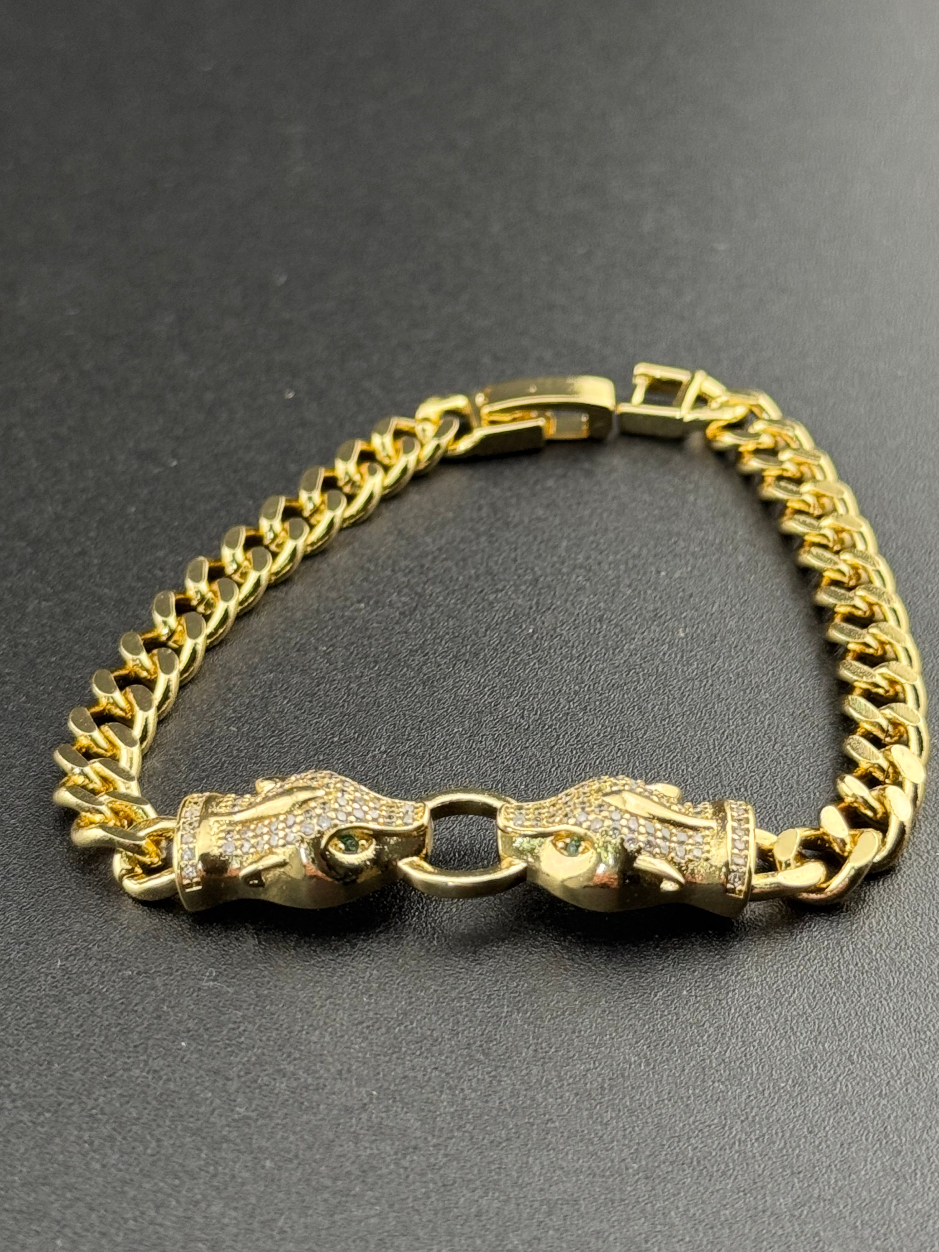 Classic gold plated diamanté CZ encrusted chain link Crystal Leopard Animal Bracelet