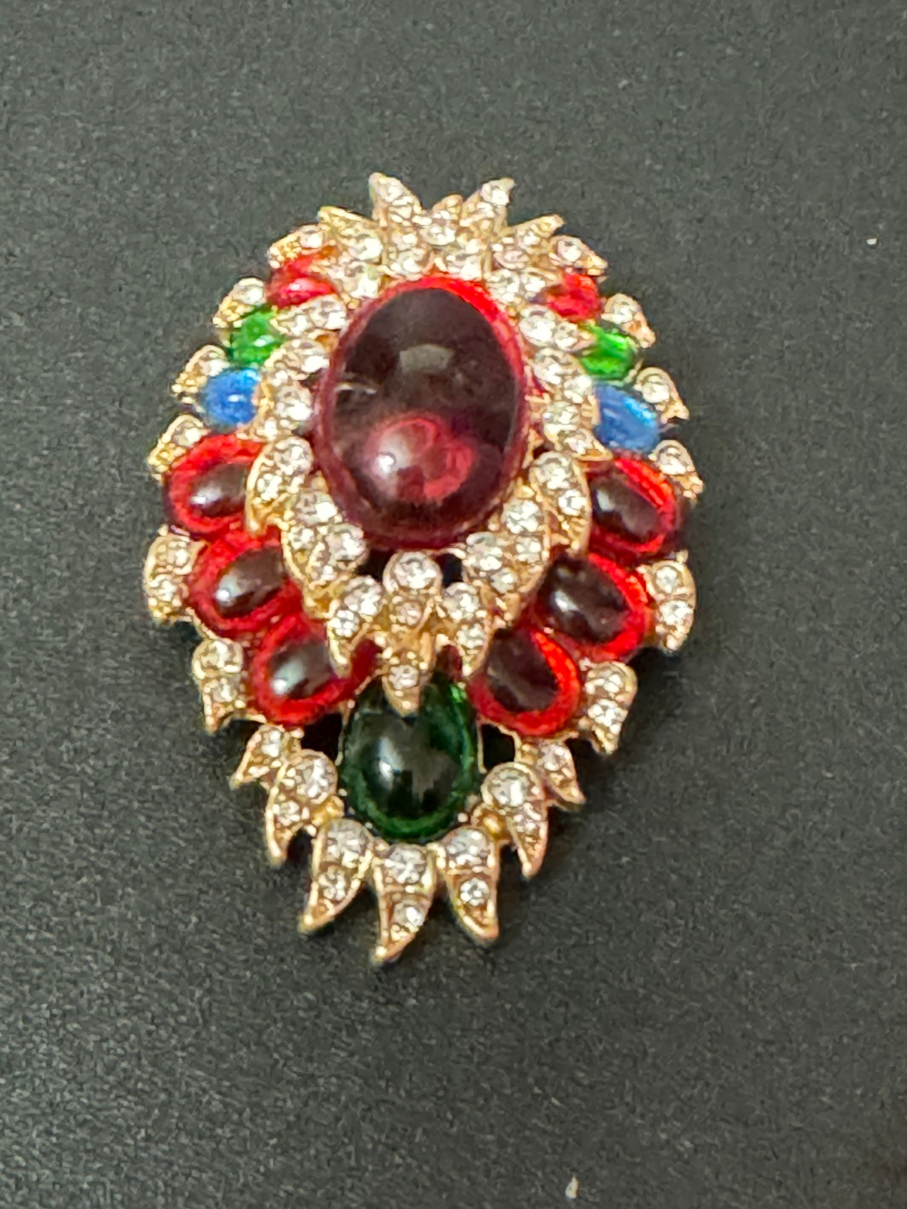 Large diamanté red green blue oval cabochon brooch Gripoix style