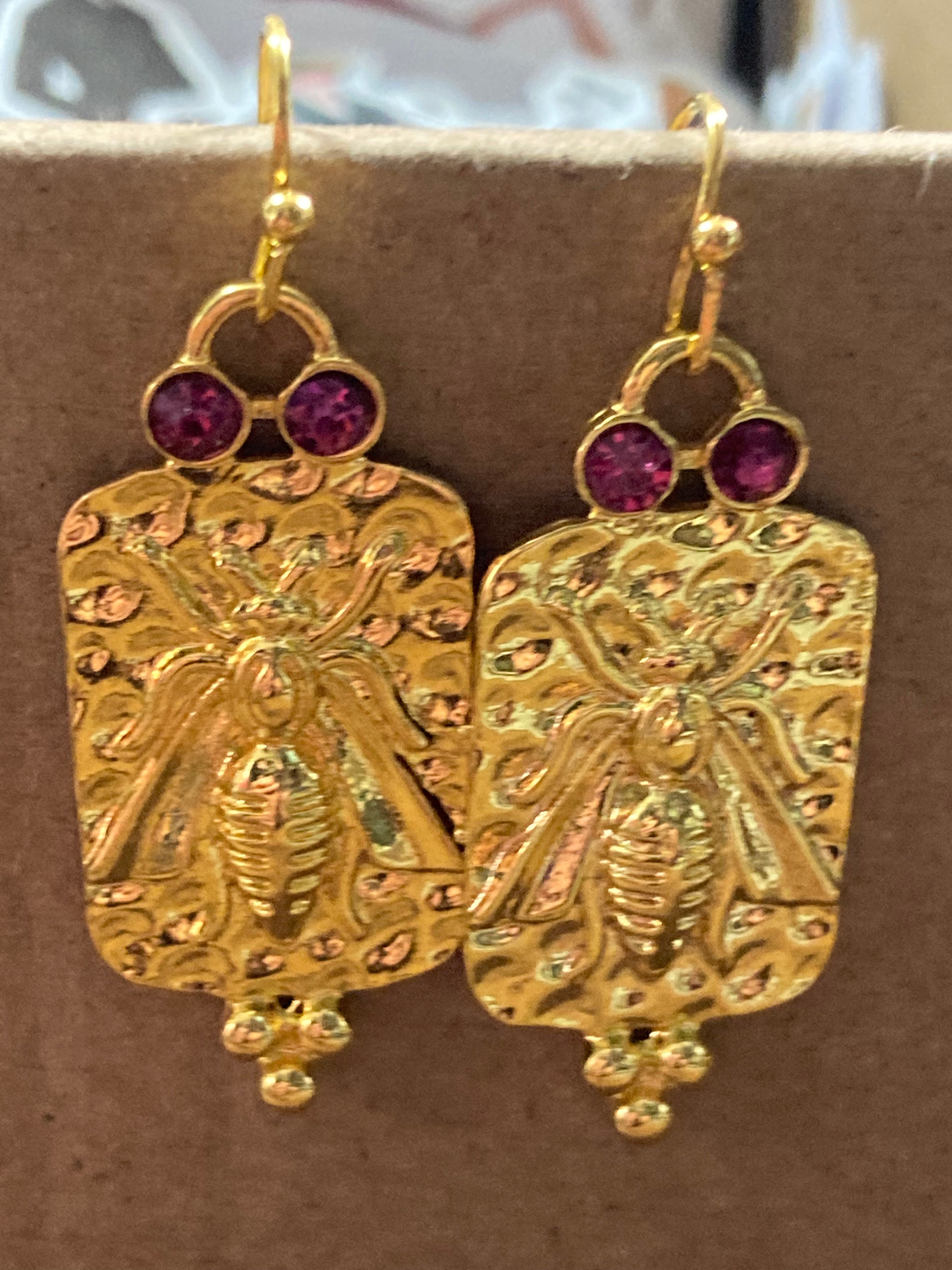 Etruscan style gold panel drop pink crystal bee earrings