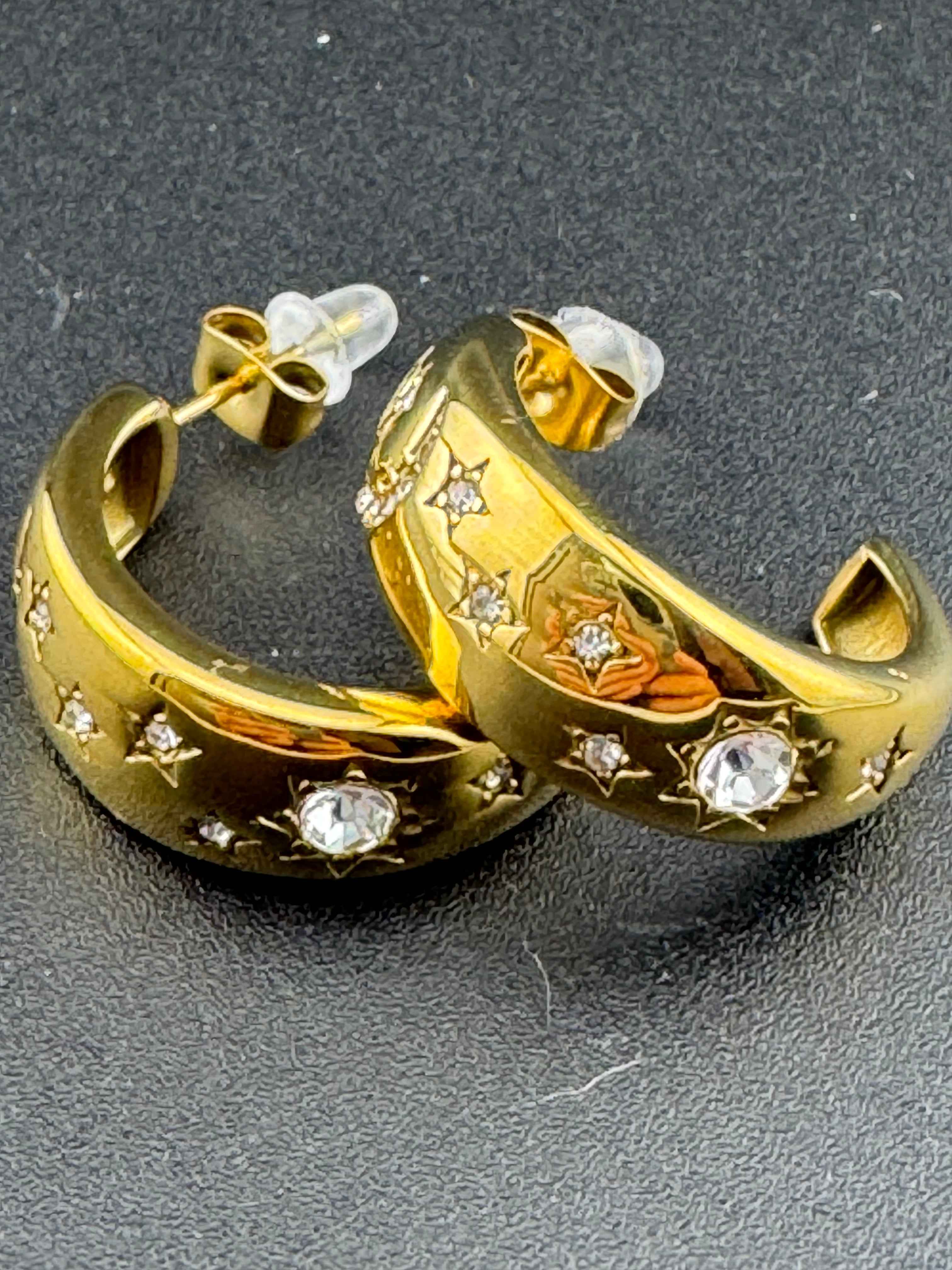 Gold plated Clear diamante moon and star cut CZ diamanté small wide hoop earrings