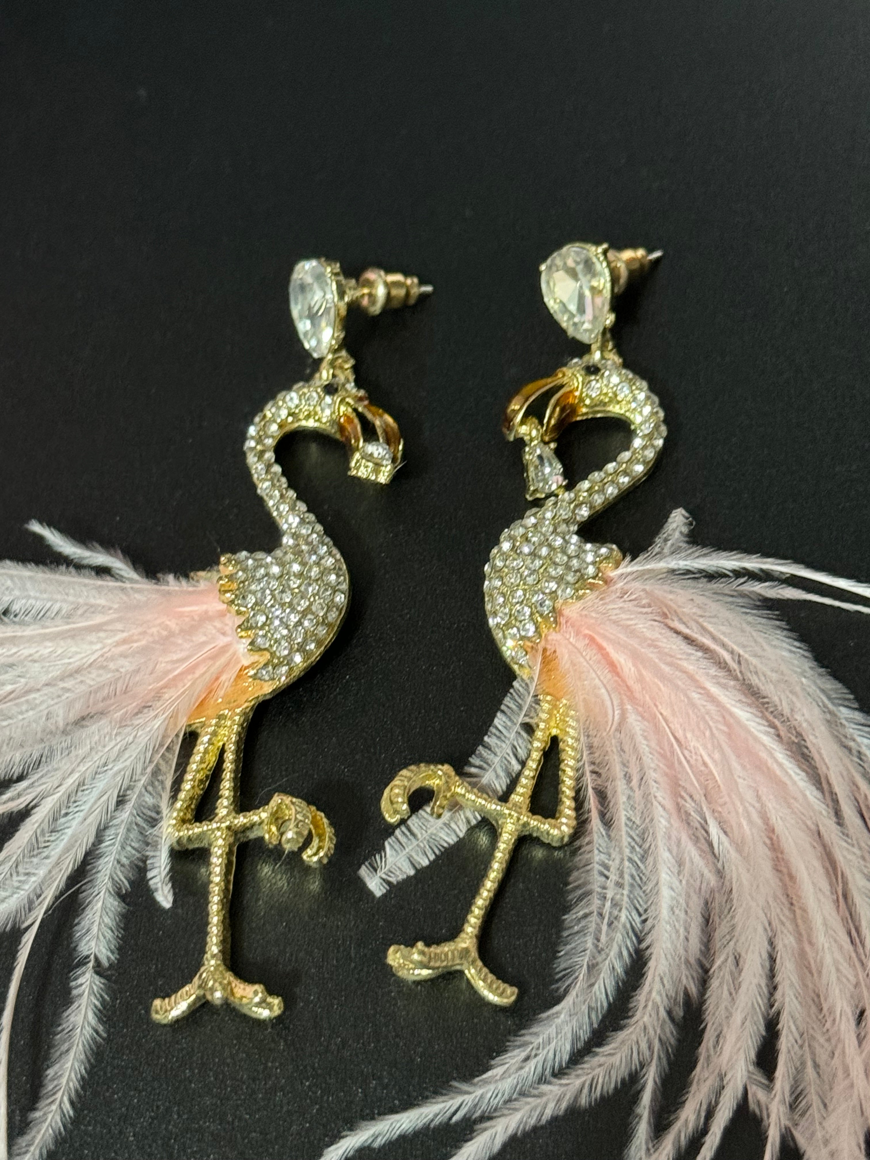 Baby pink feathered oversized clear diamanté flamingo dangly earrings