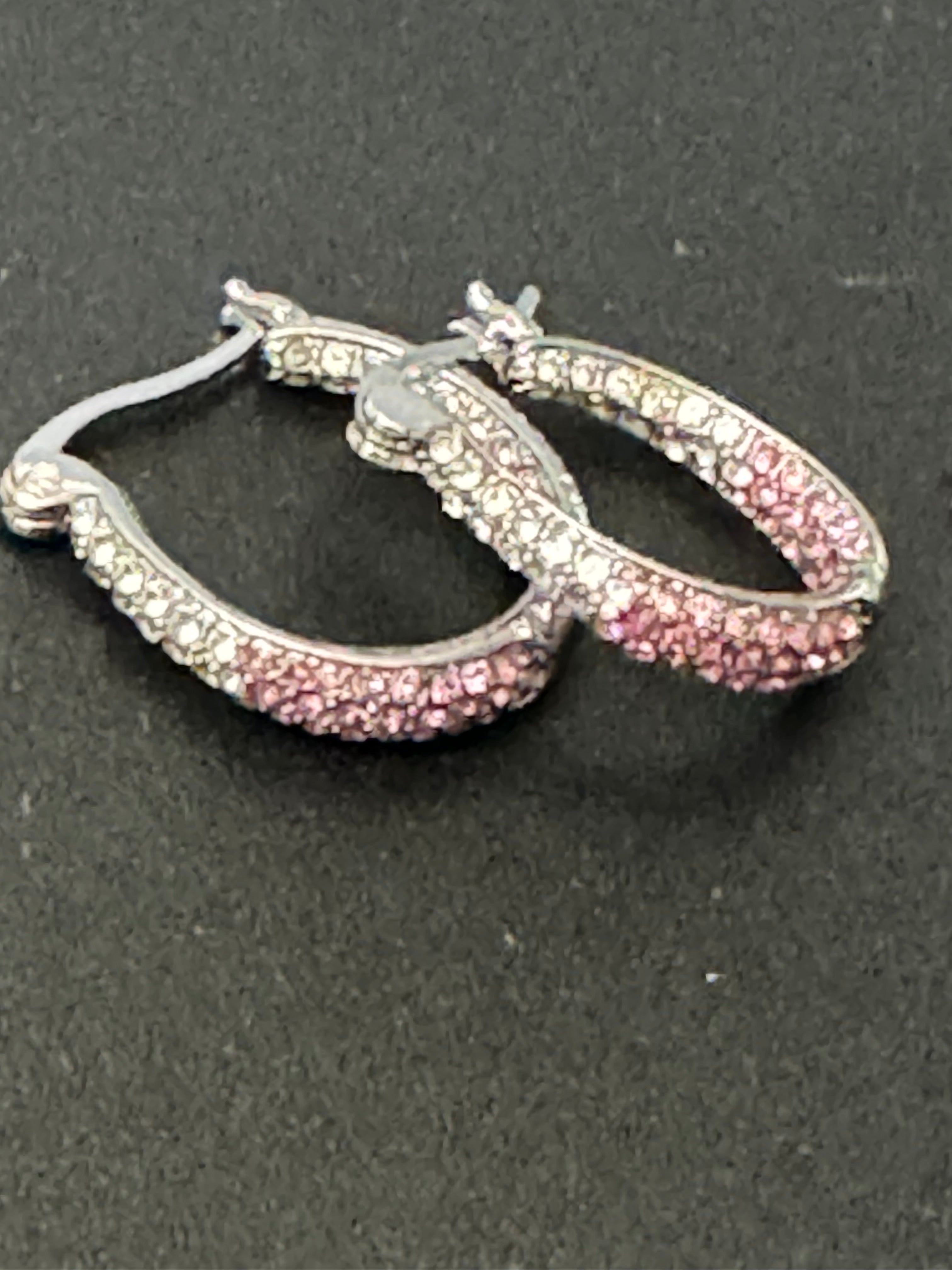 Pink & clear diamanté Crystal silver tone  small oval hoop earrings