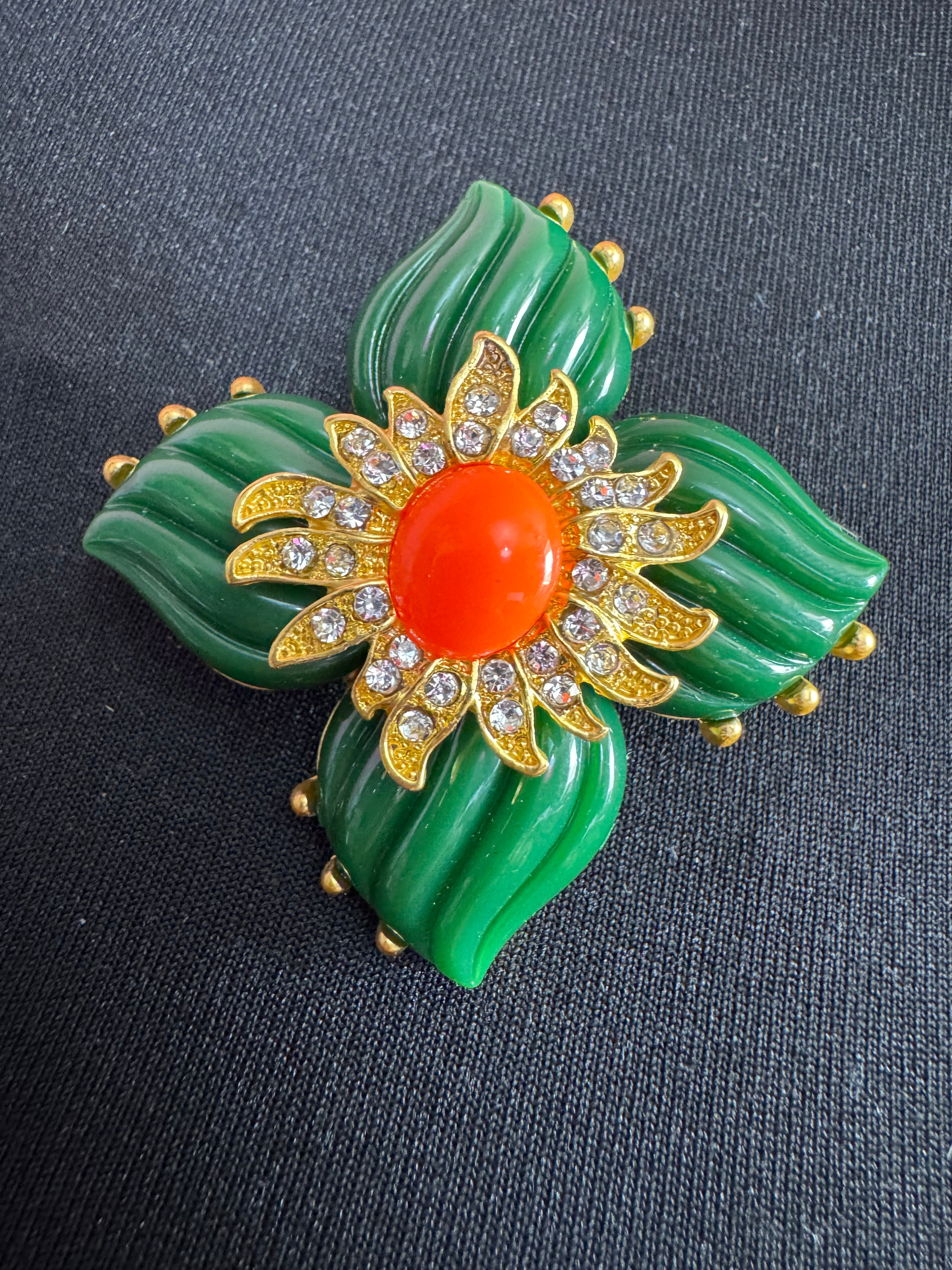 Medieval style Large faux coral and green diamanté rhinestone cross brooch