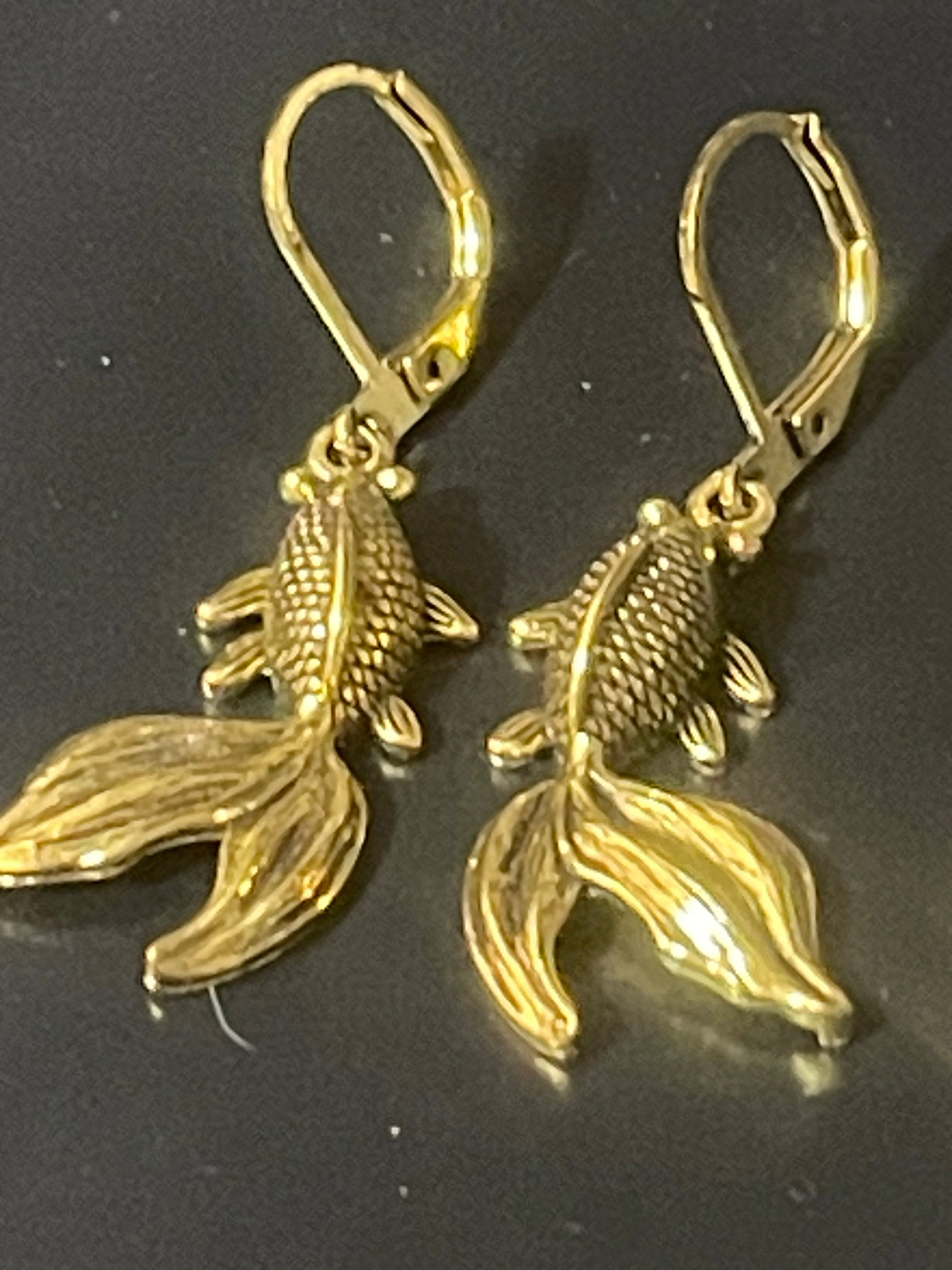 Japanese inspired koy carp gold tone fish drop earrings