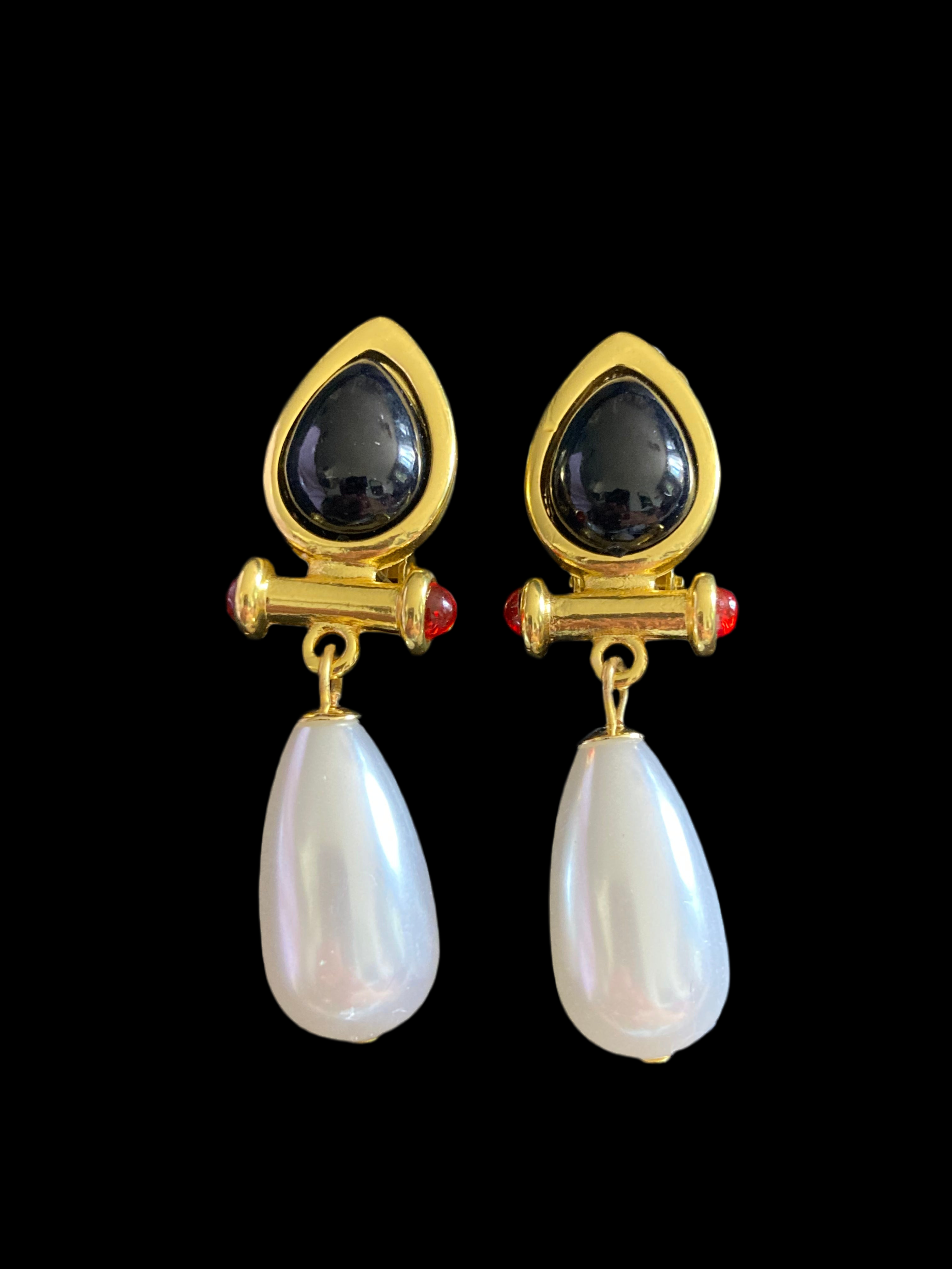 gold wide Ruby red  gripoix style cabochon black and faux pearl teardrop clip on dangly earrings