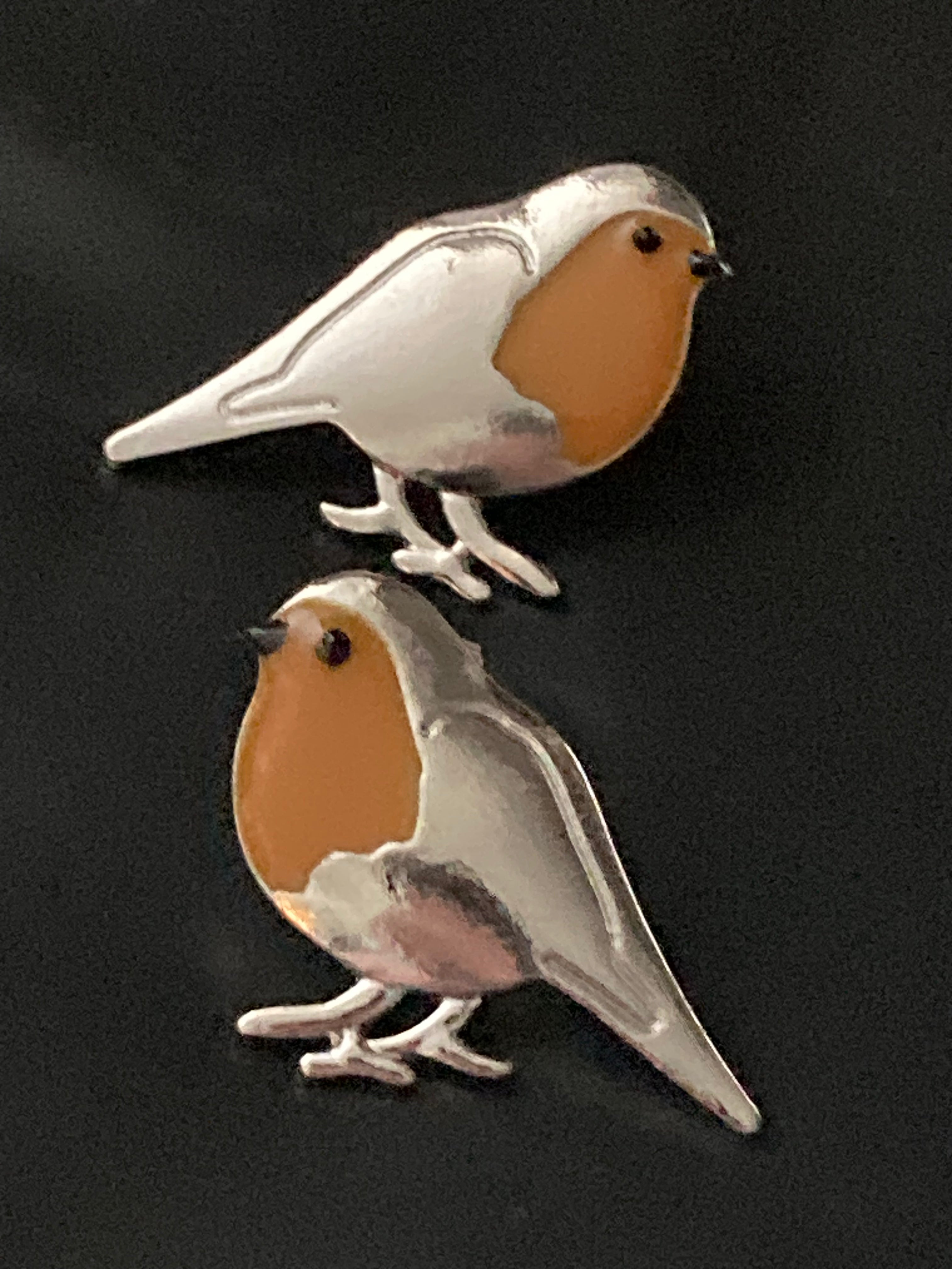 Large Robin earrings redbreast silver tone studs 3.5 cm red orange enamel for pierced ears