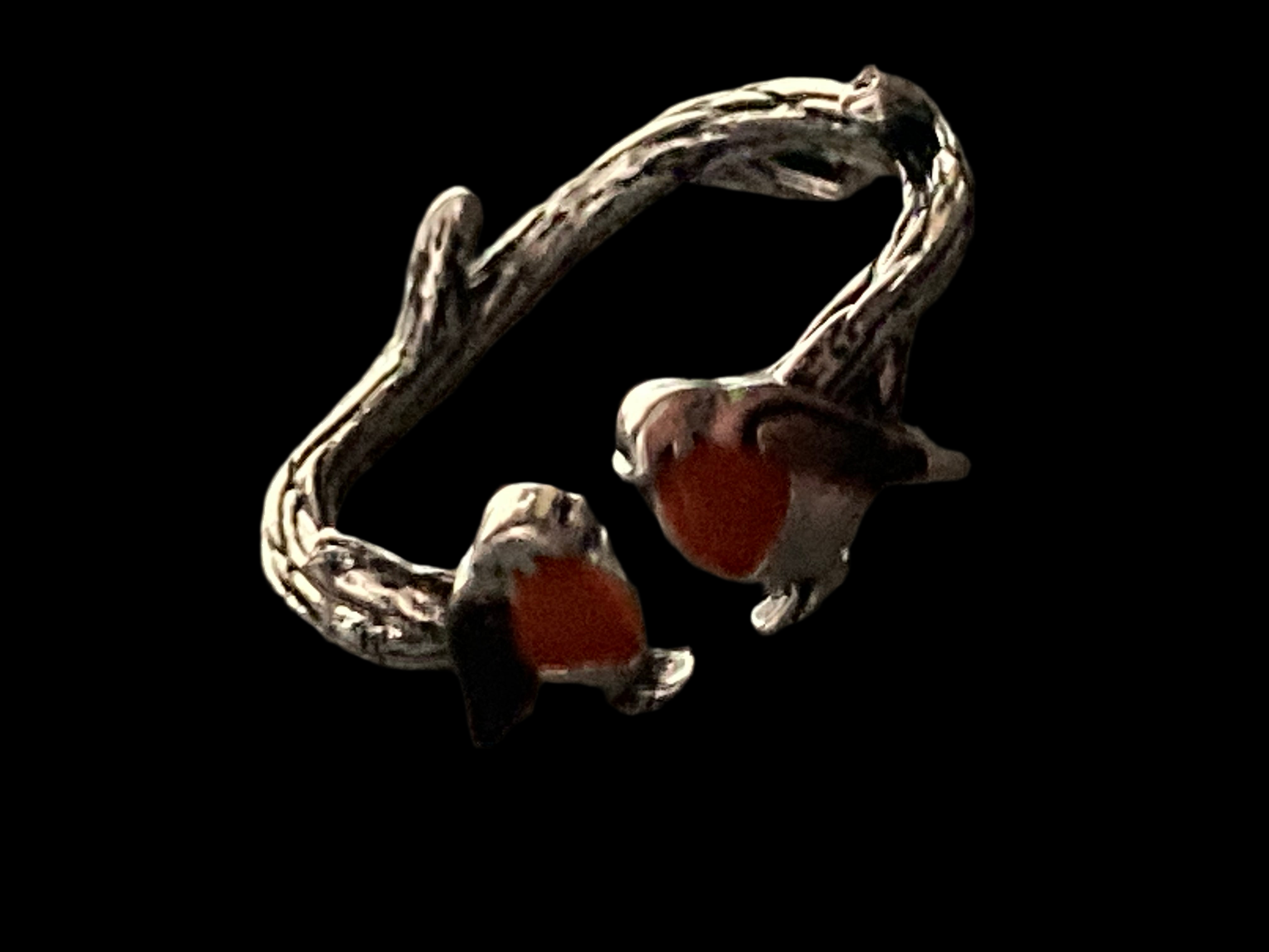 Novelty double robin bird ring sat on silver tone twig branches adjustable