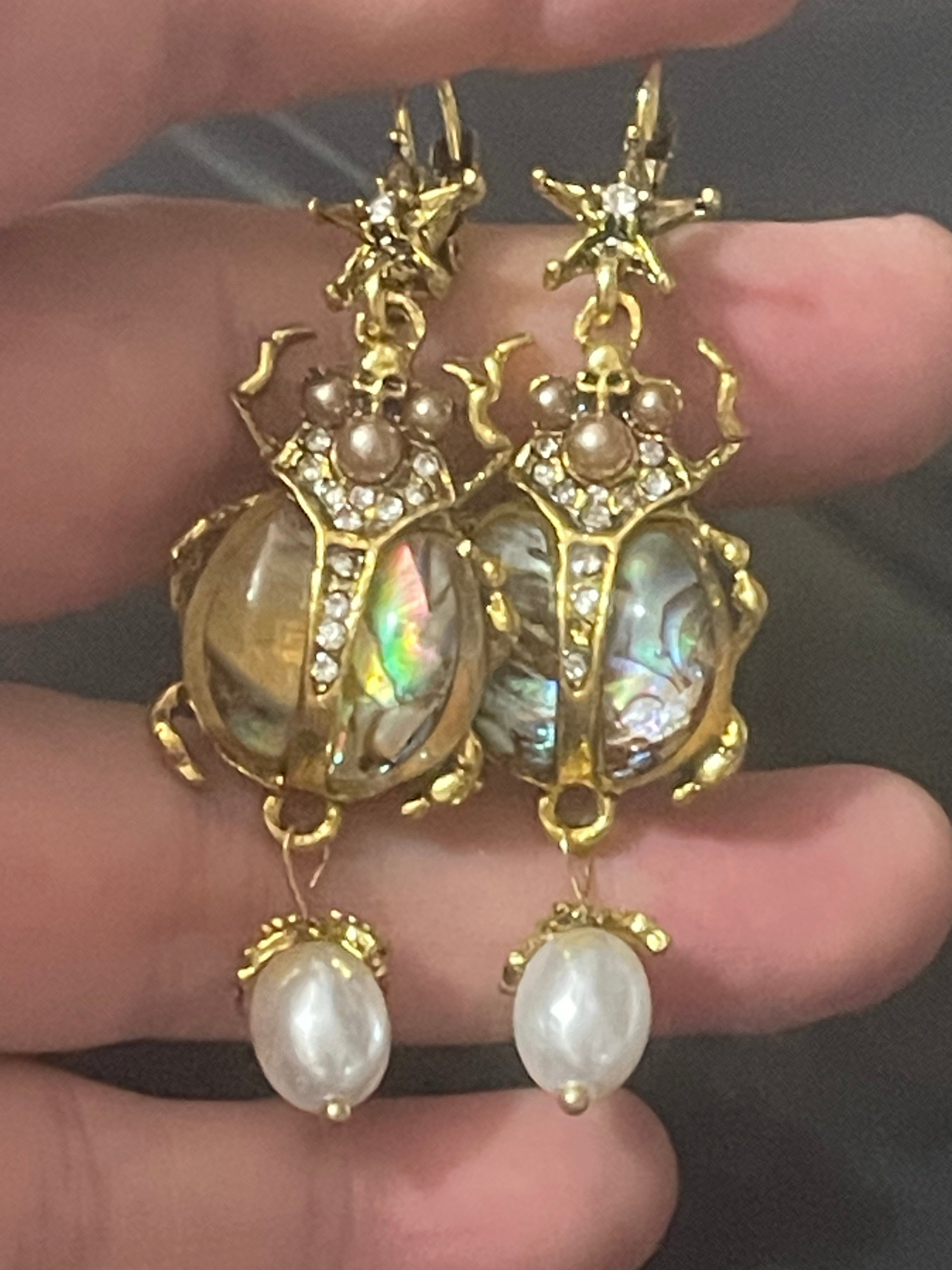 Abalone shell long faux pearl beetle insect earrings gold tone pierced