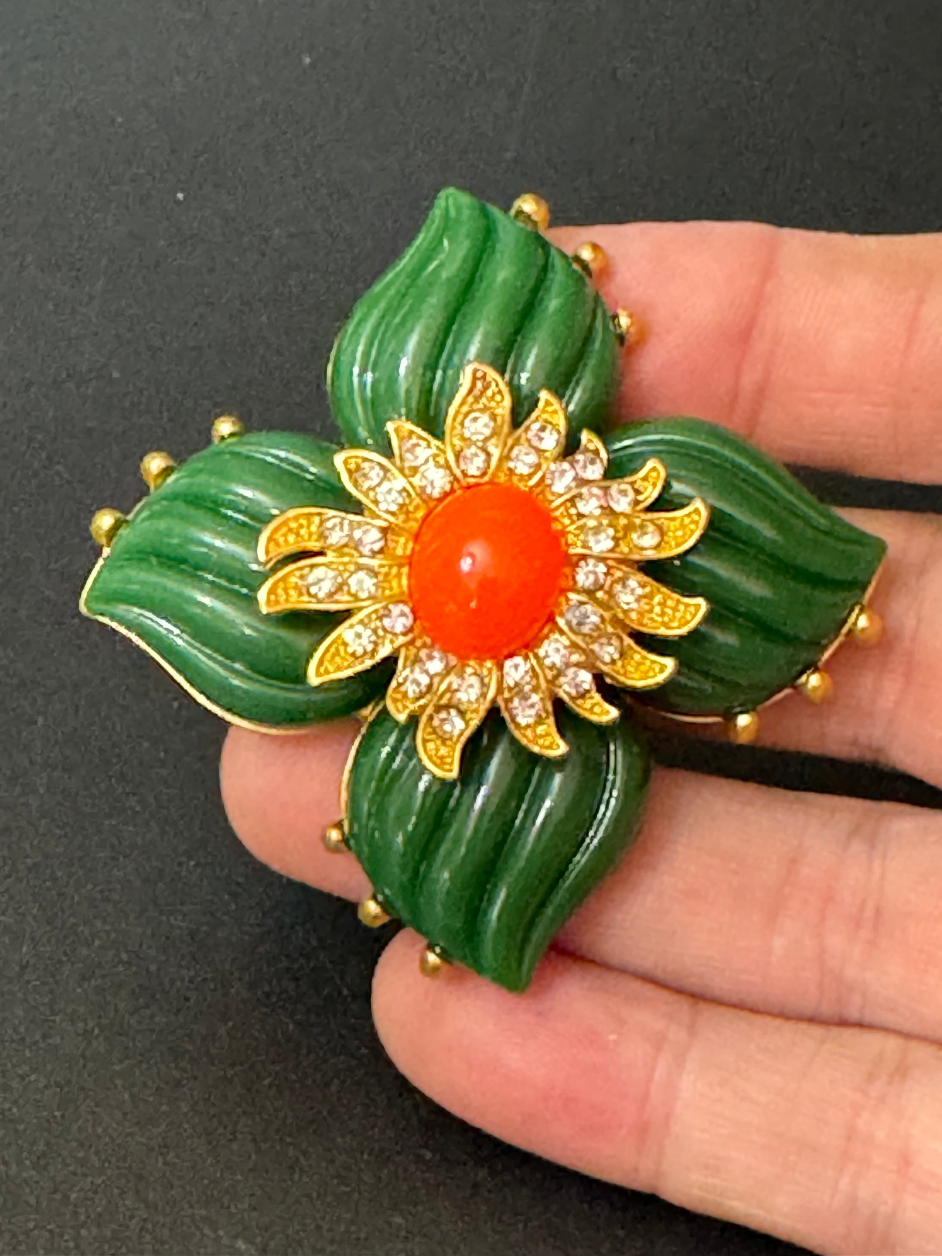 Medieval style Large faux coral and green diamanté rhinestone cross brooch