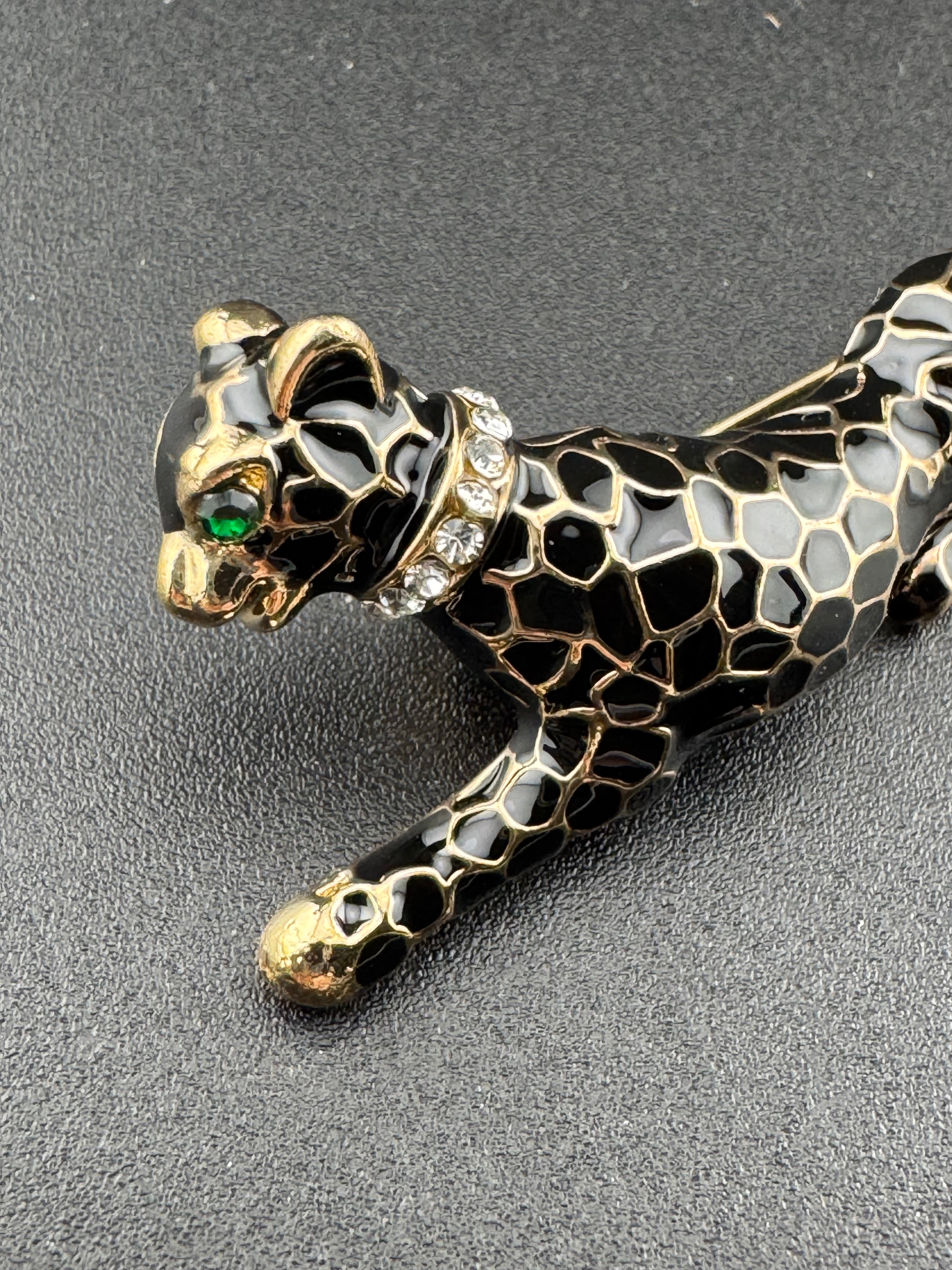 Black enamel crystal Big Cat leopard panther puma brooch gold tone