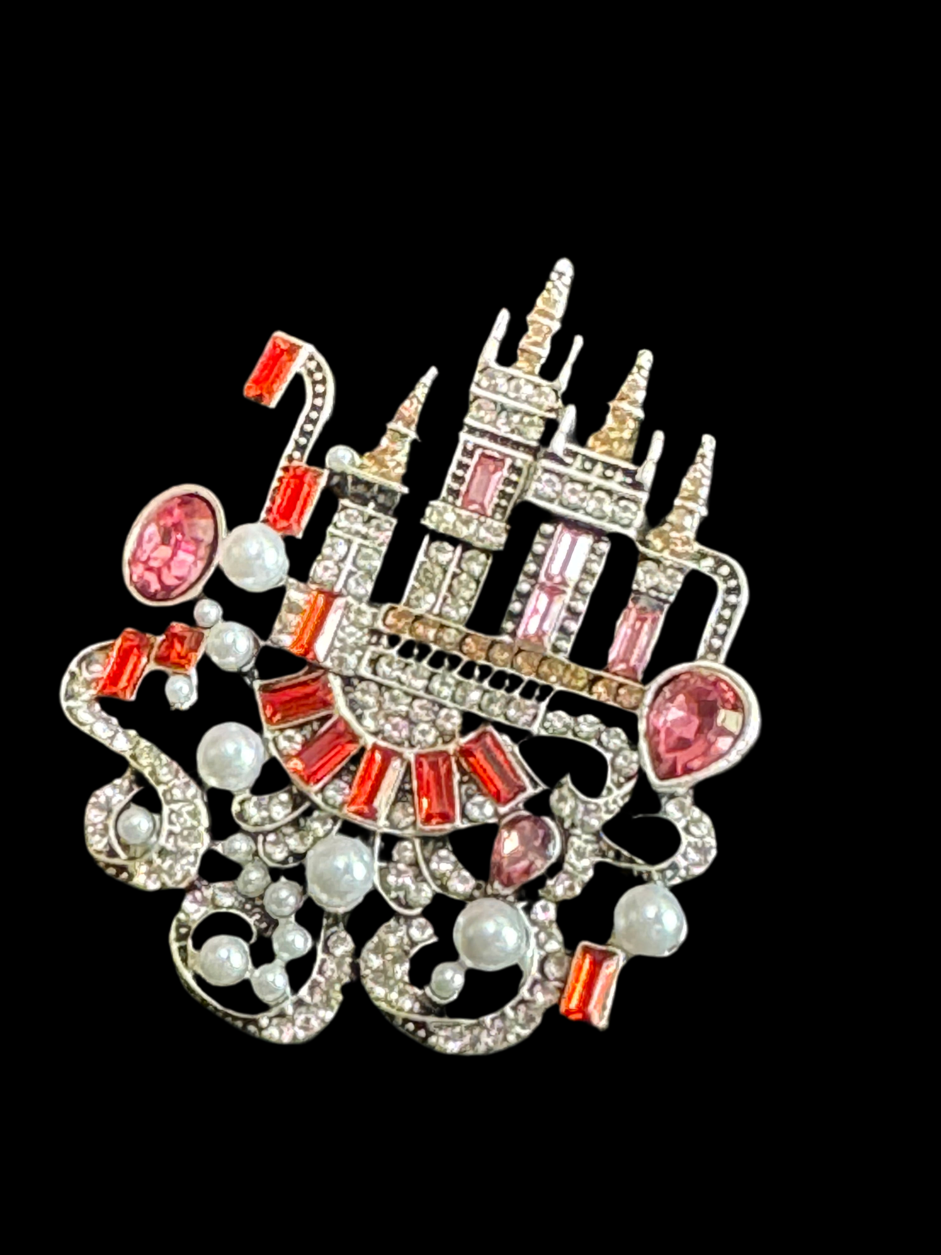 Pink Fairy princess castle brooch Crystal diamanté