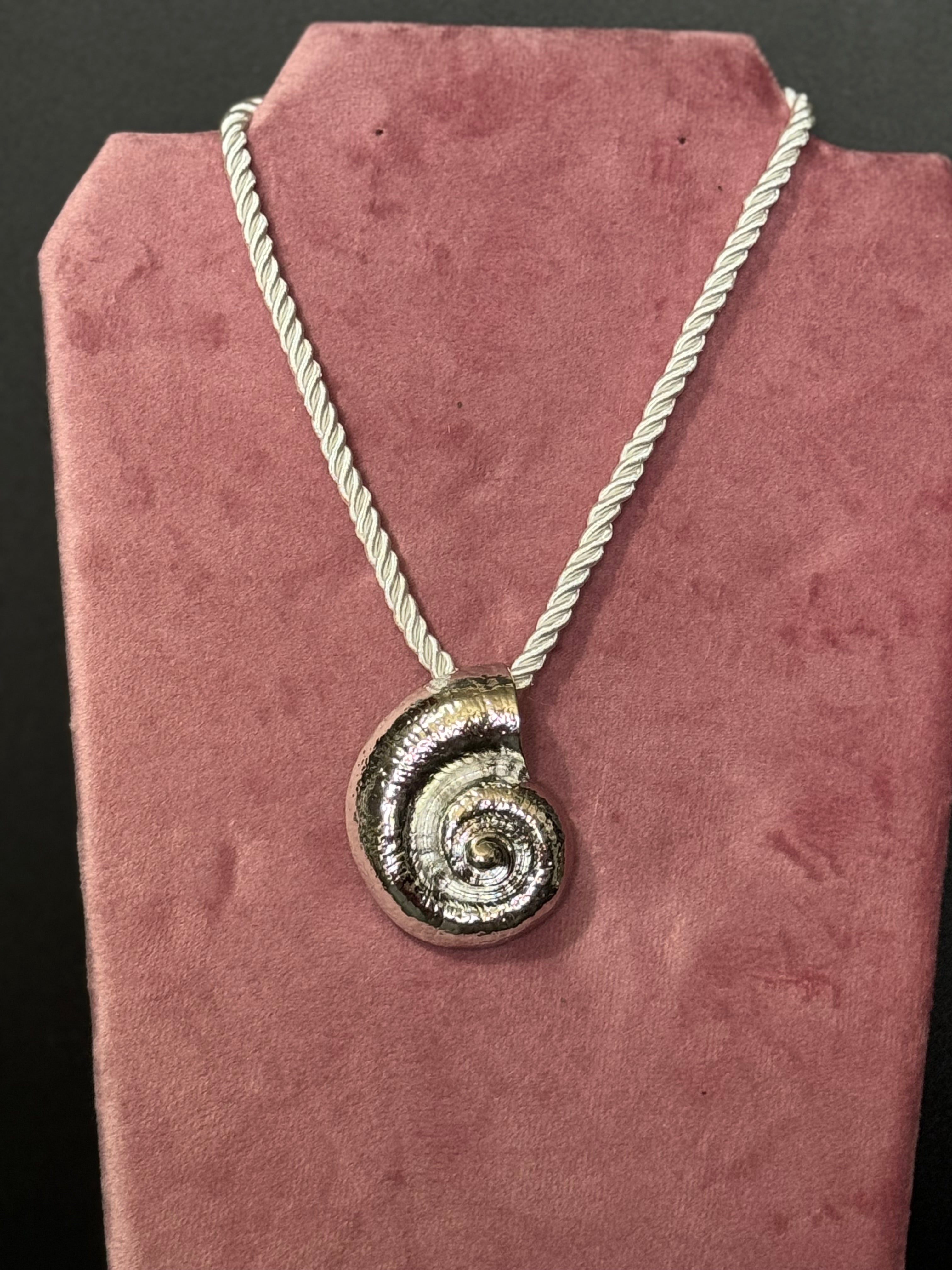 Oversized silver seashell ammonite nautical shell necklace on white cord