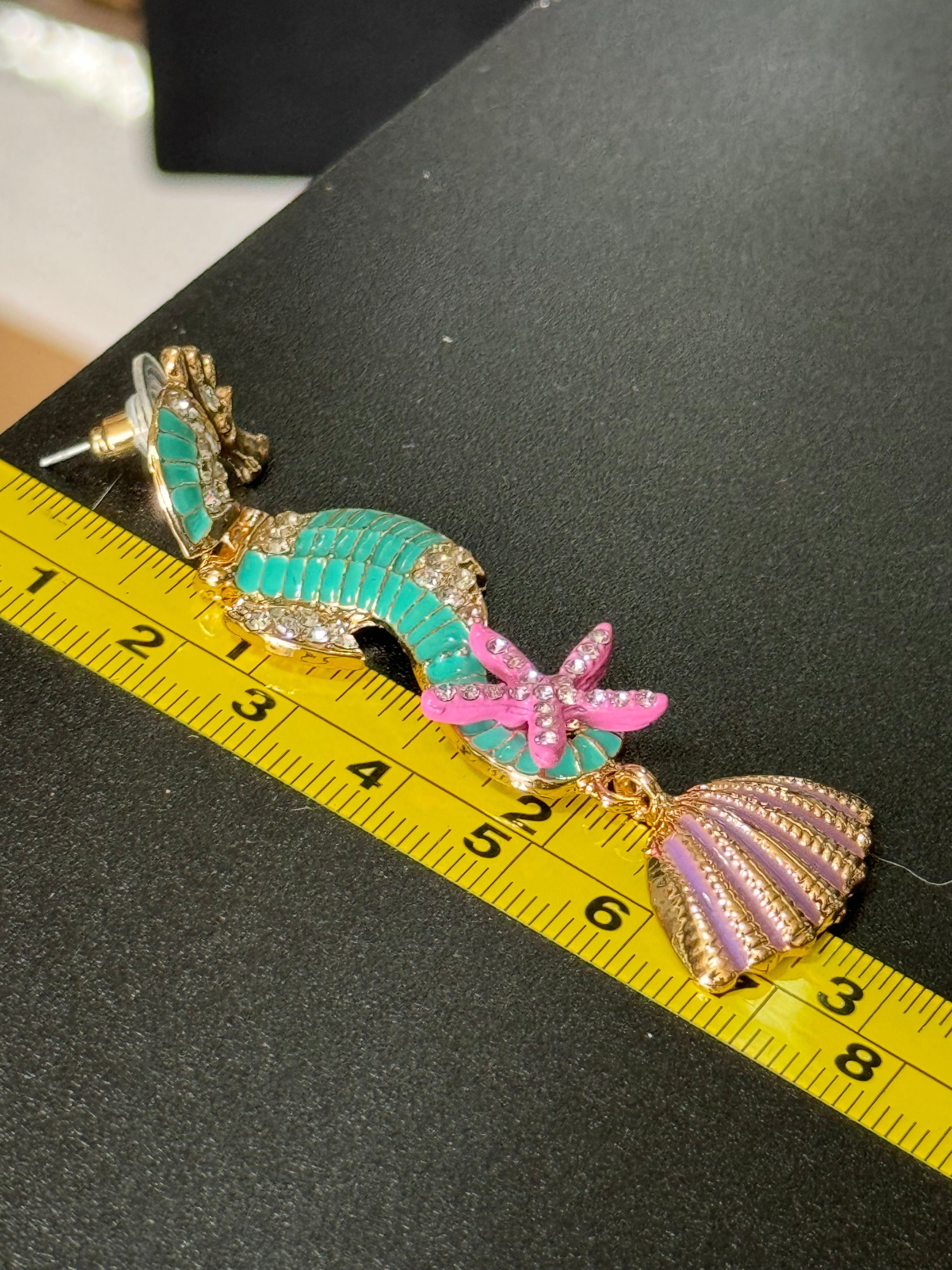 Large mint green and pink crystal seahorse earrings