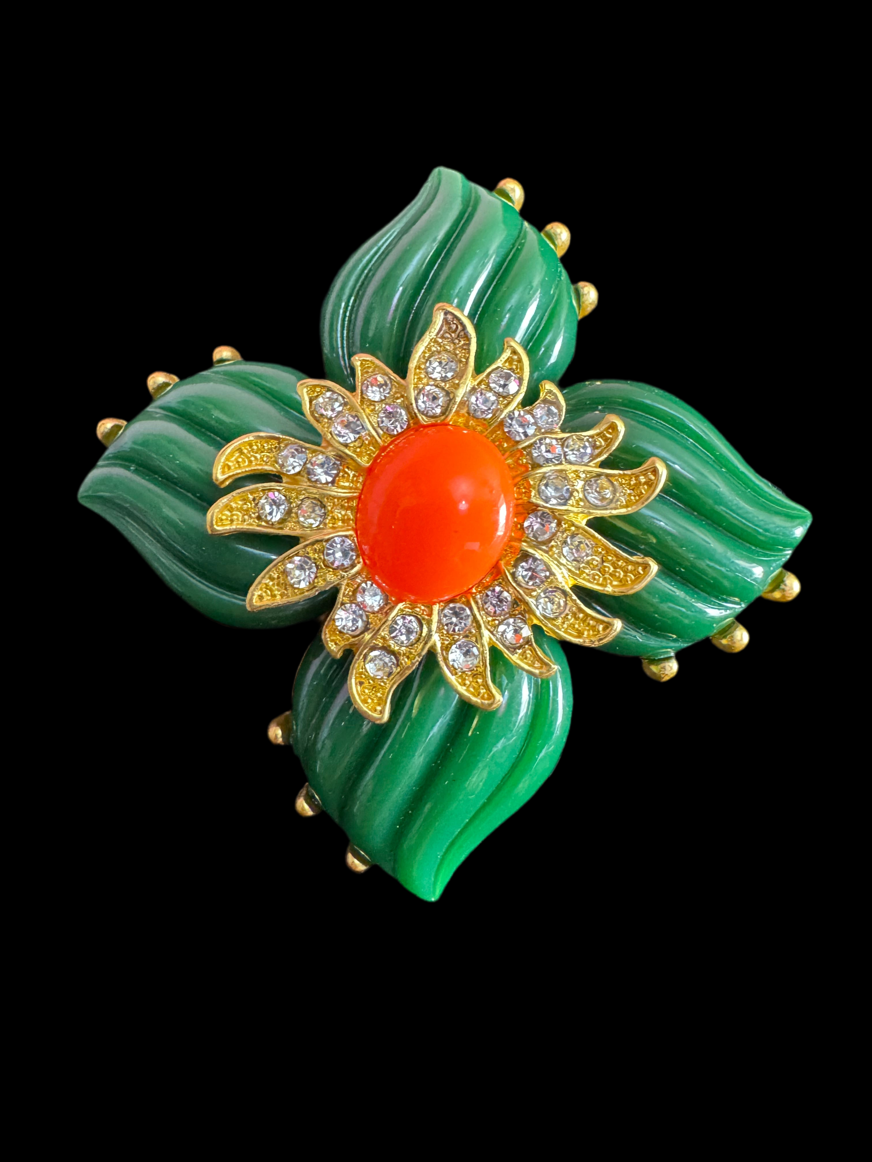 Medieval style Large faux coral and green diamanté rhinestone cross brooch