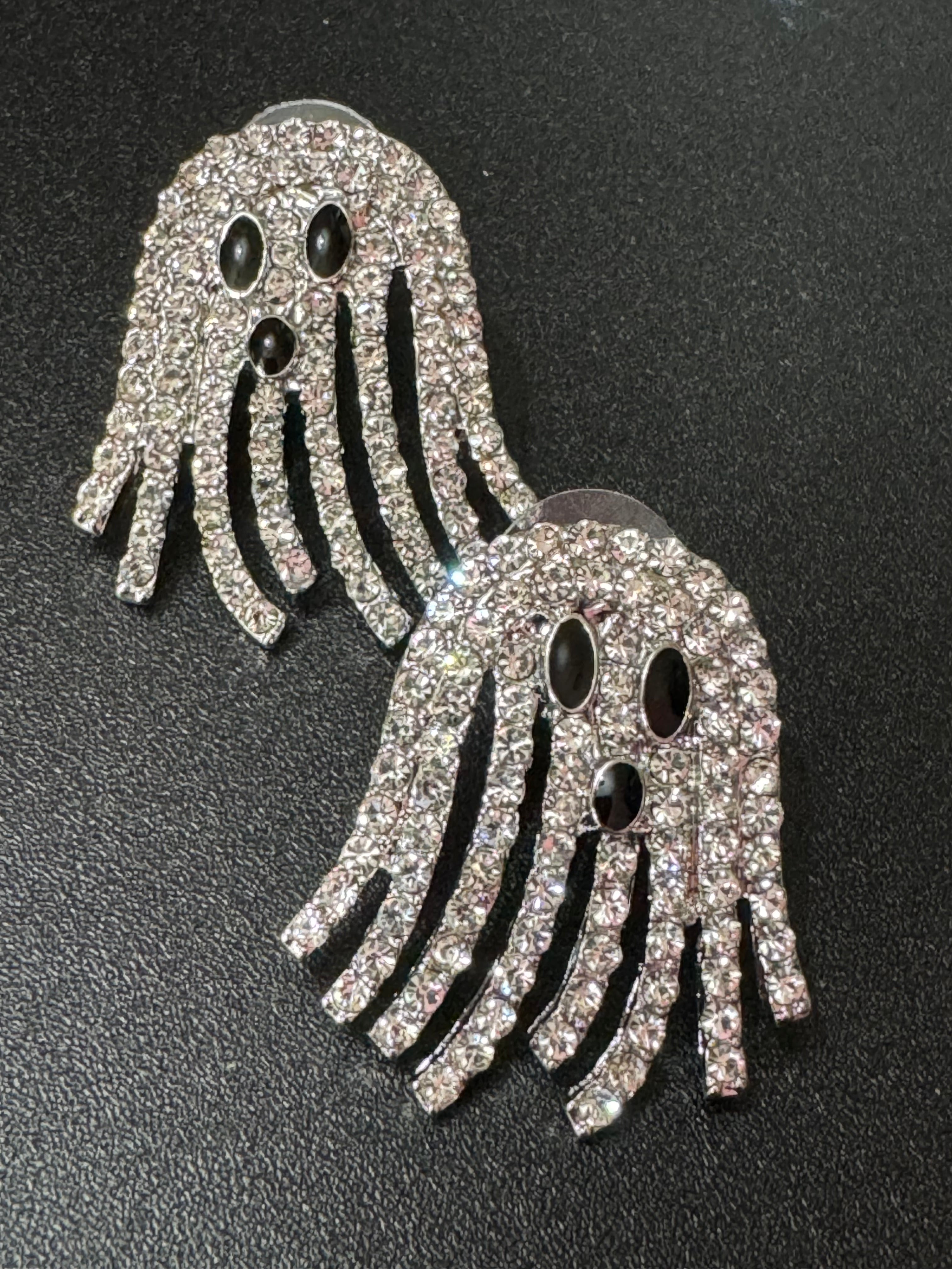 Spooky crystal diamanté ghost earrings for Halloween silver tone