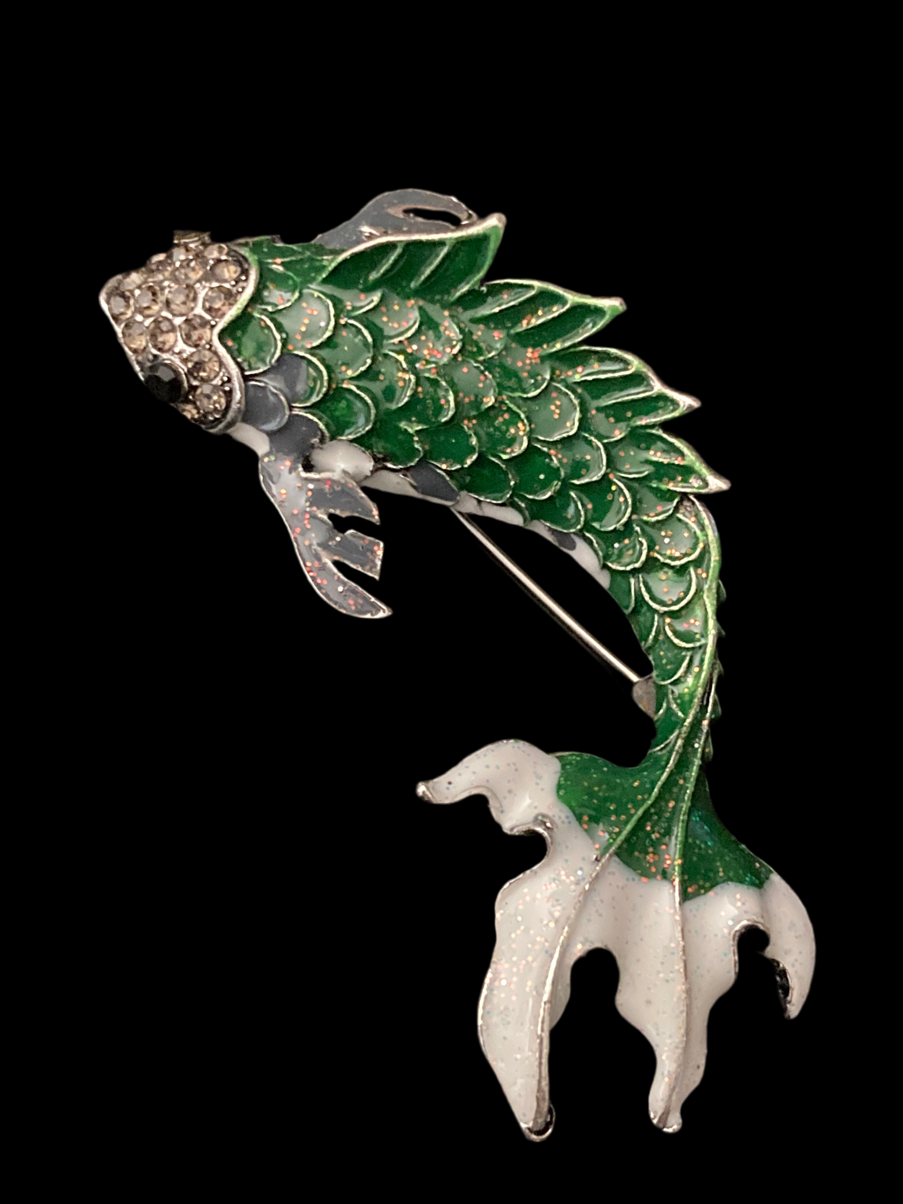 Large White and green enamel diamanté fish brooch