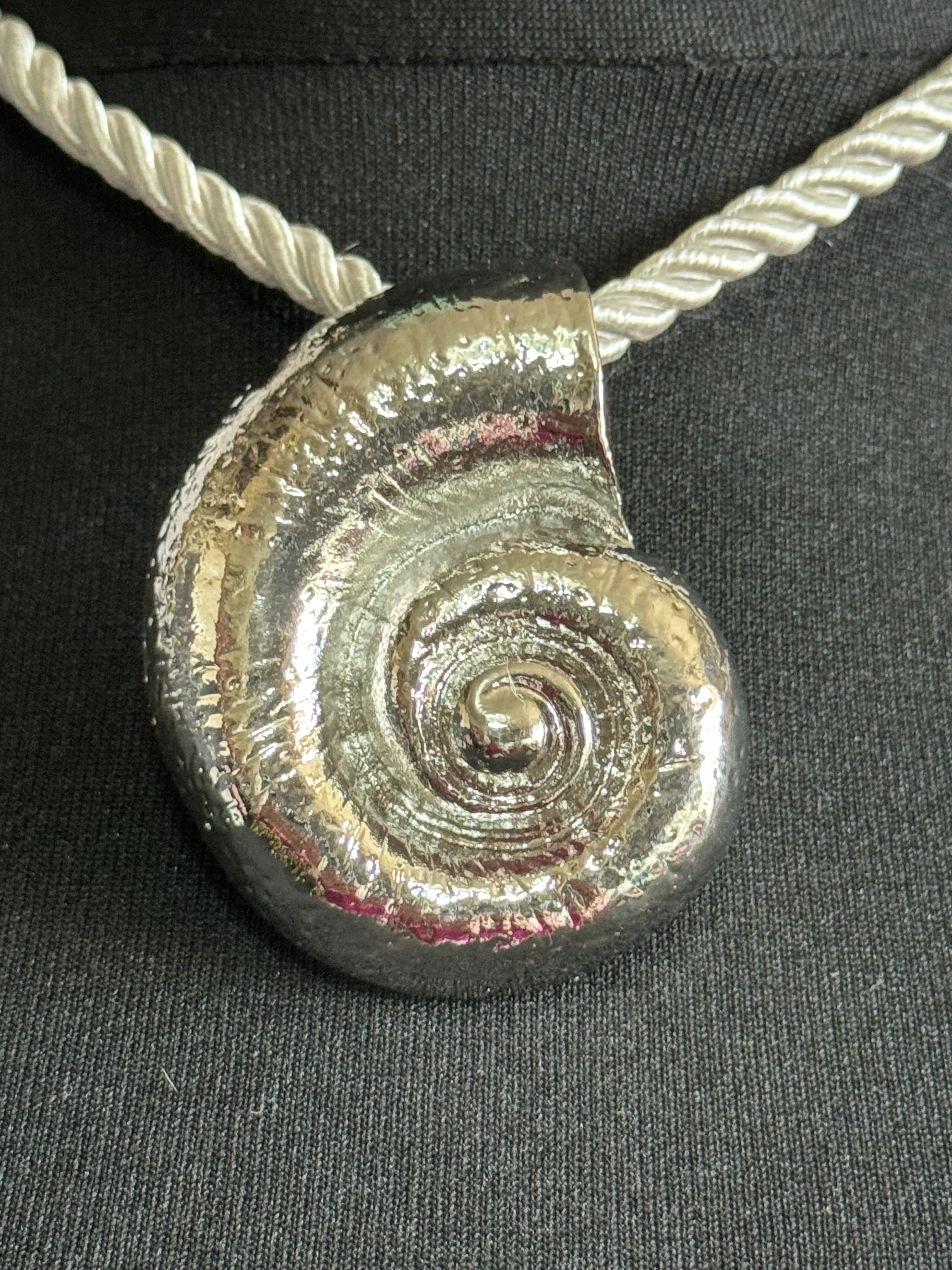 Oversized silver seashell ammonite nautical shell necklace on white cord