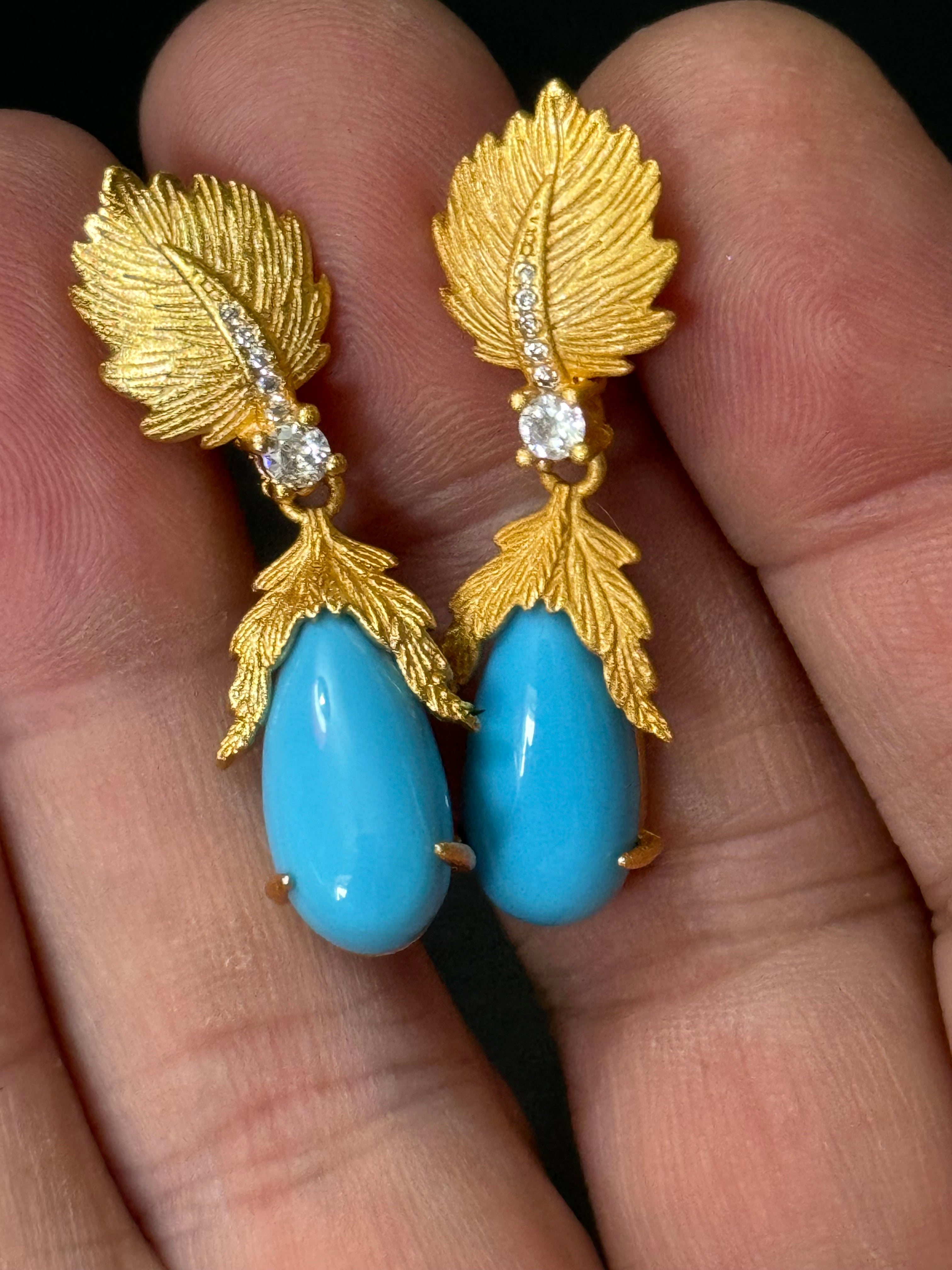 High end Antique Etruscan style gold tone faux turquoise teardrop earrings