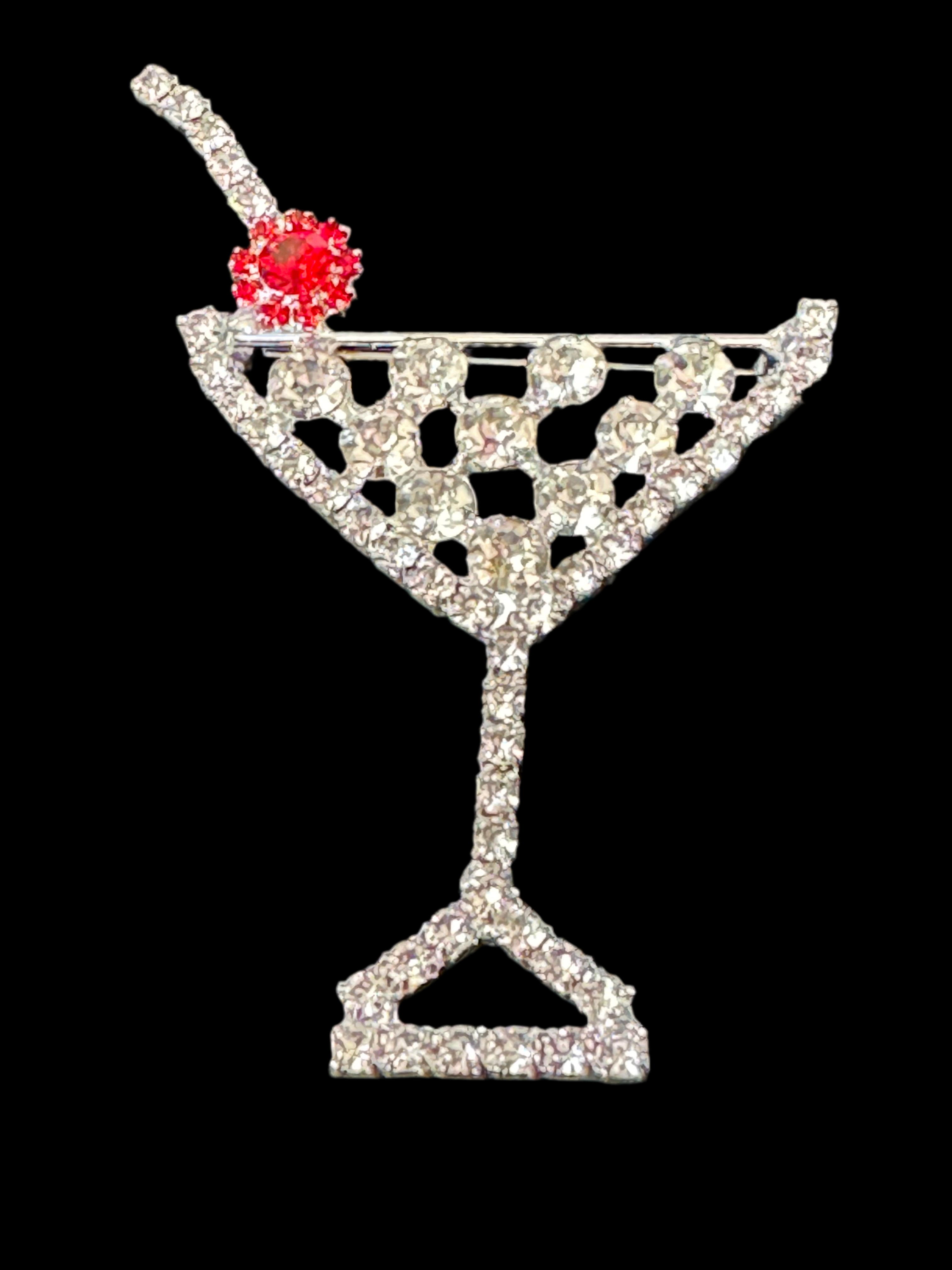 Champagne cocktail glass with red cherry diamanté Crystal brooch silver tone