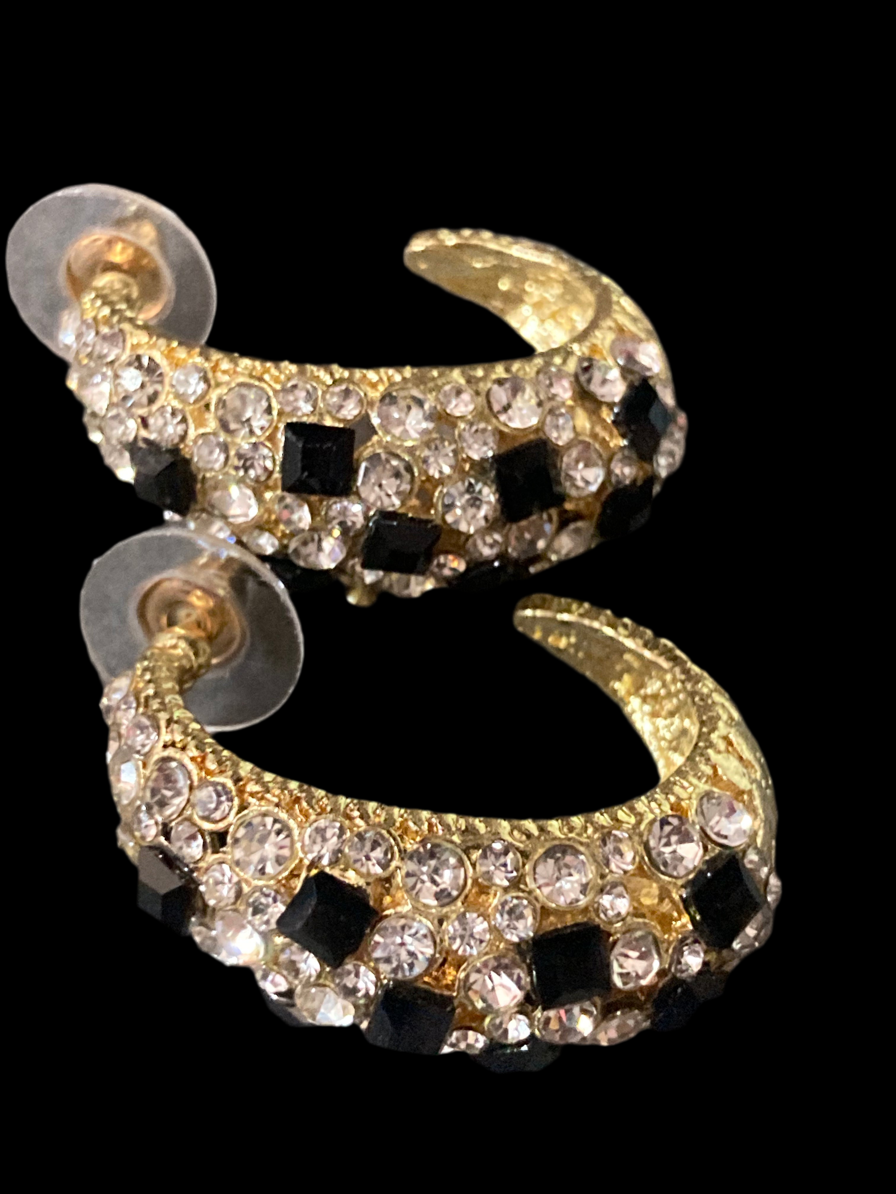 Black & clear diamanté Crystal gold half hoop earrings