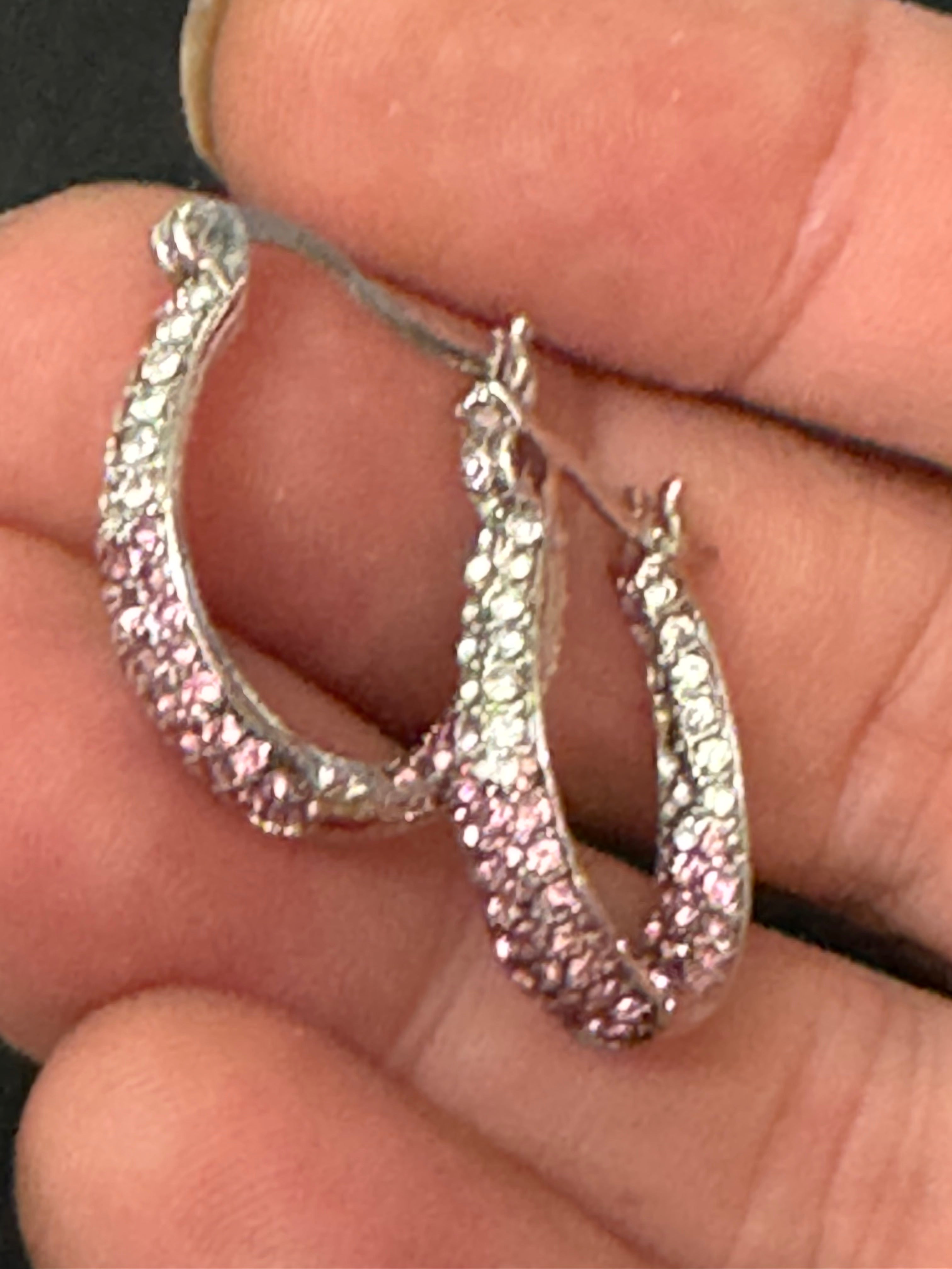 Pink & clear diamanté Crystal silver tone  small oval hoop earrings