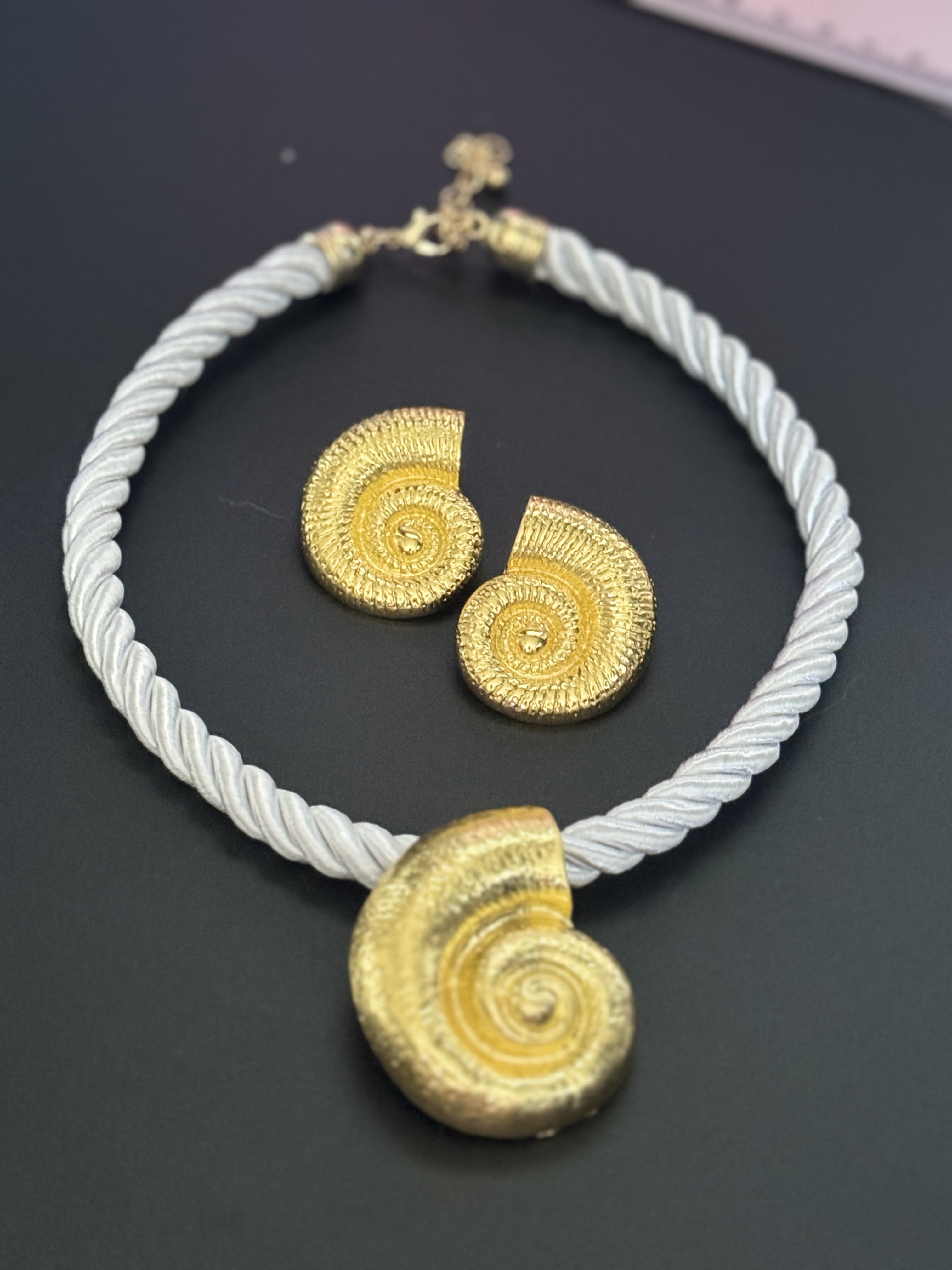 Big gold tone seashell nautical shell necklace on white cord