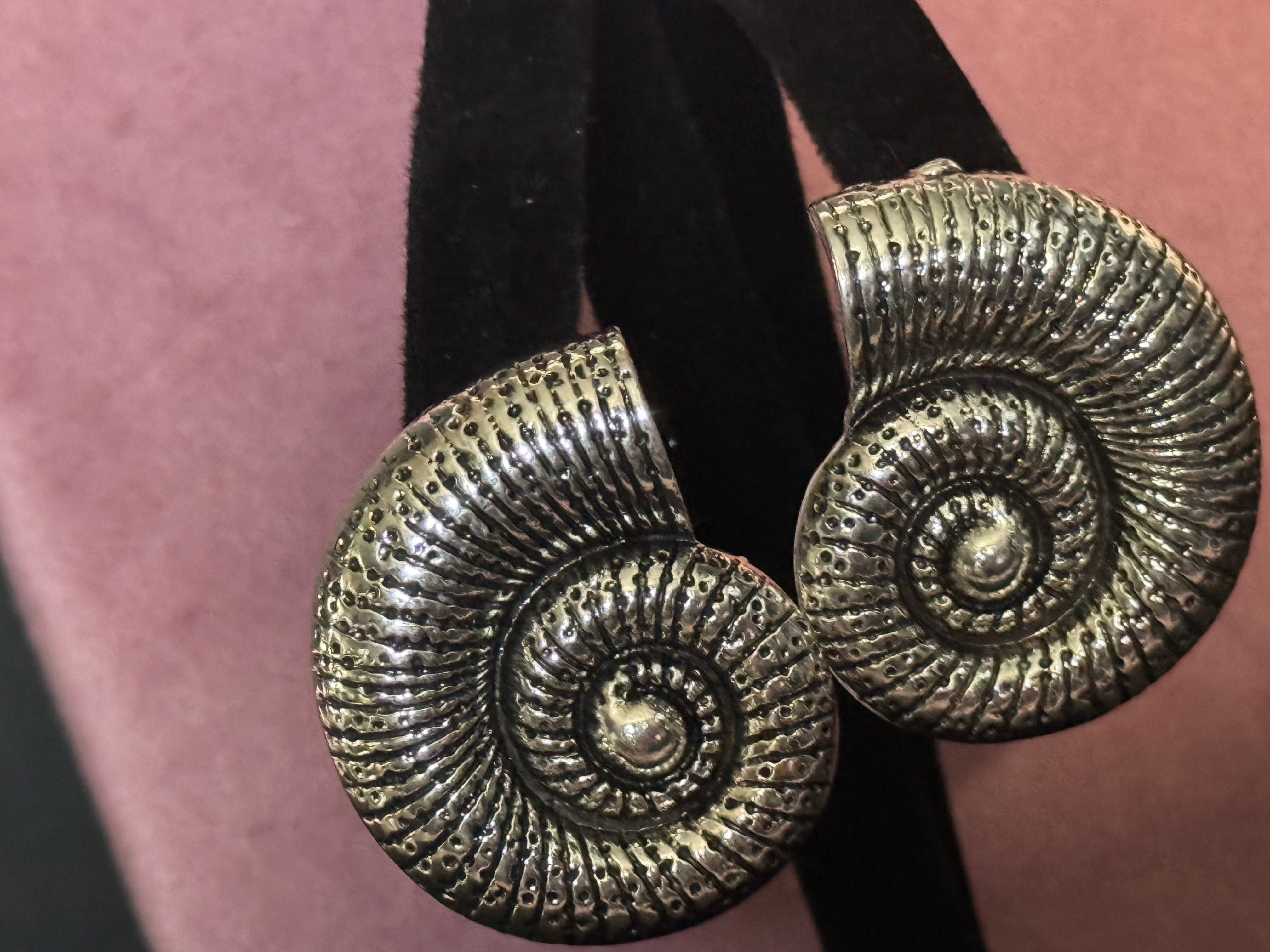 Oversized silver tone sea shell ammonite nautical earrings pierced