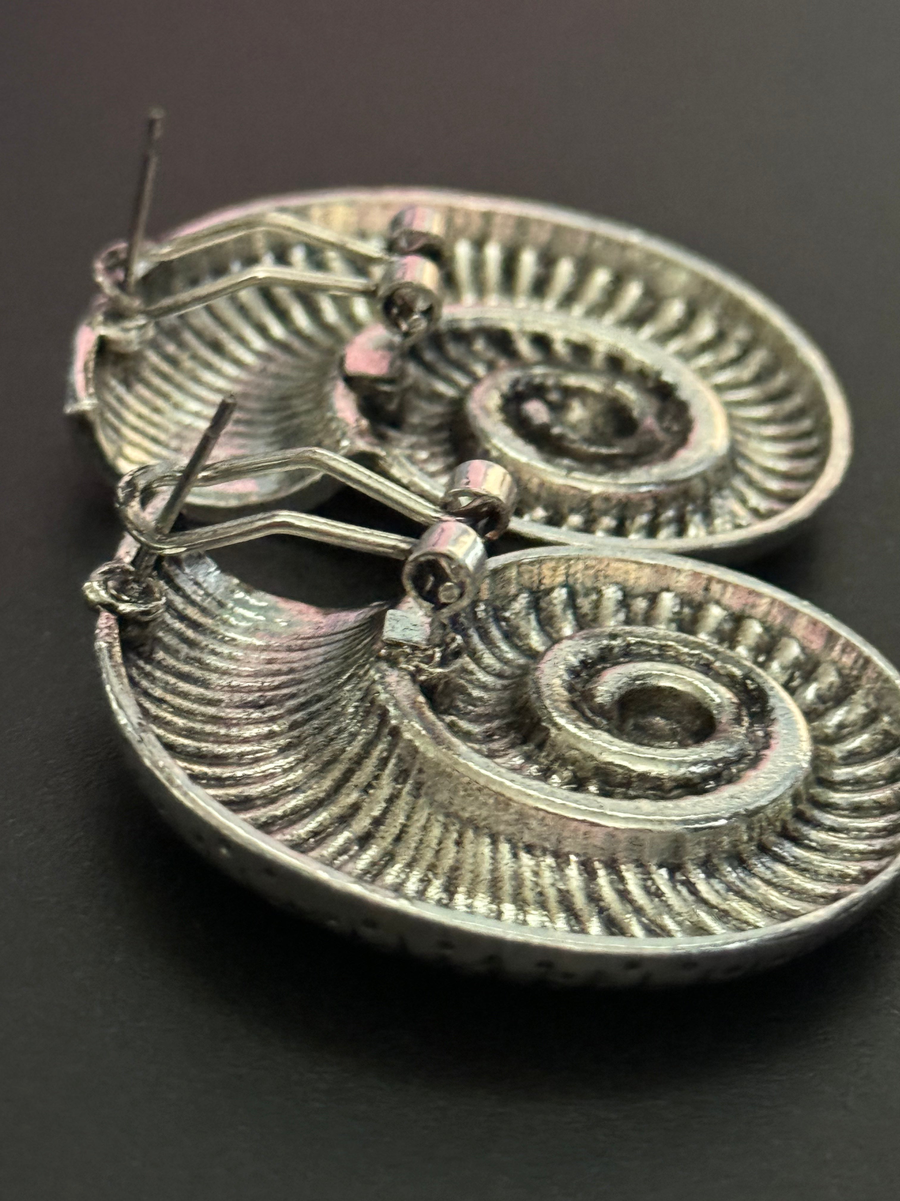 Oversized silver tone sea shell ammonite nautical earrings pierced