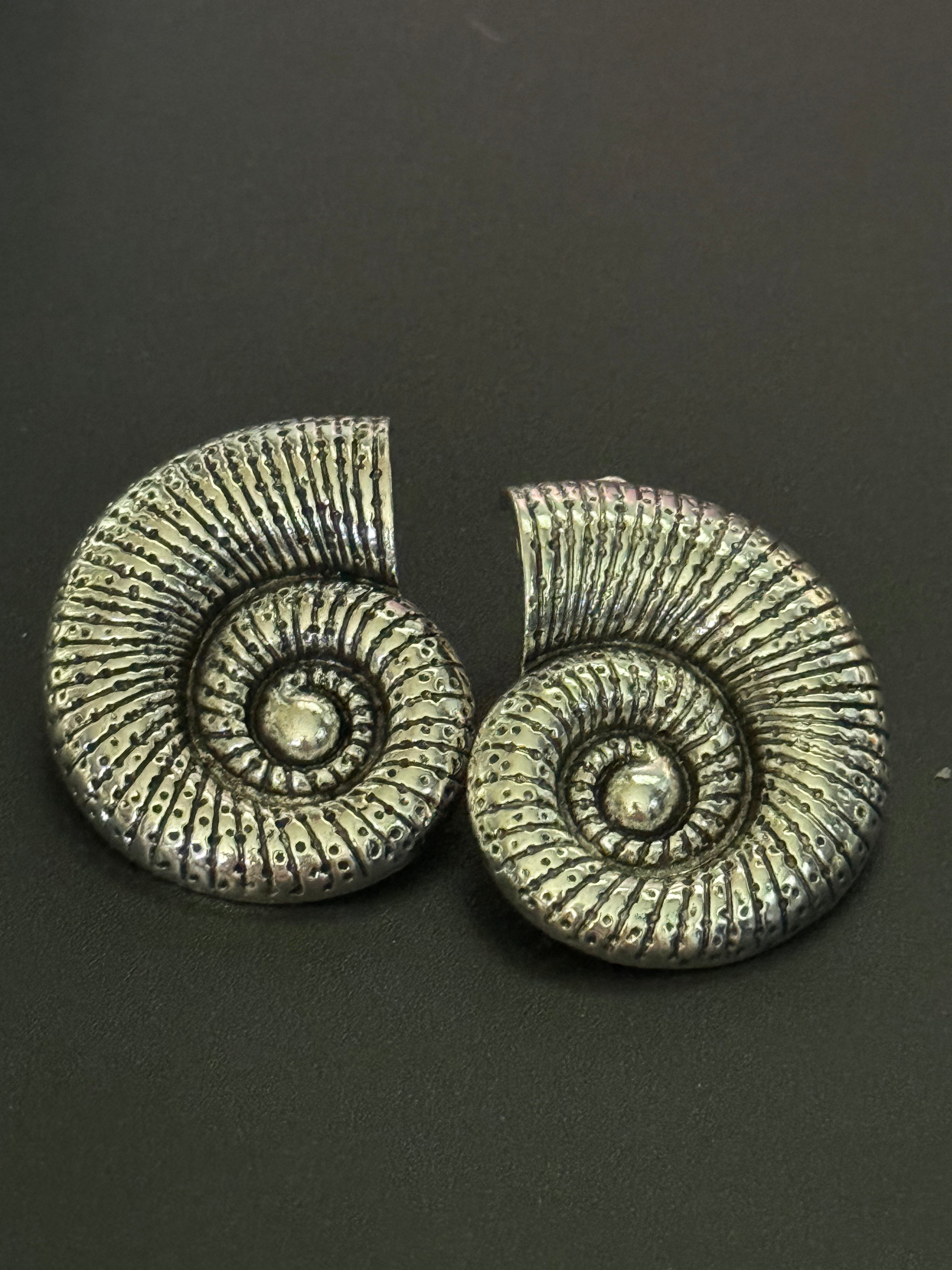 Oversized silver tone sea shell ammonite nautical earrings pierced