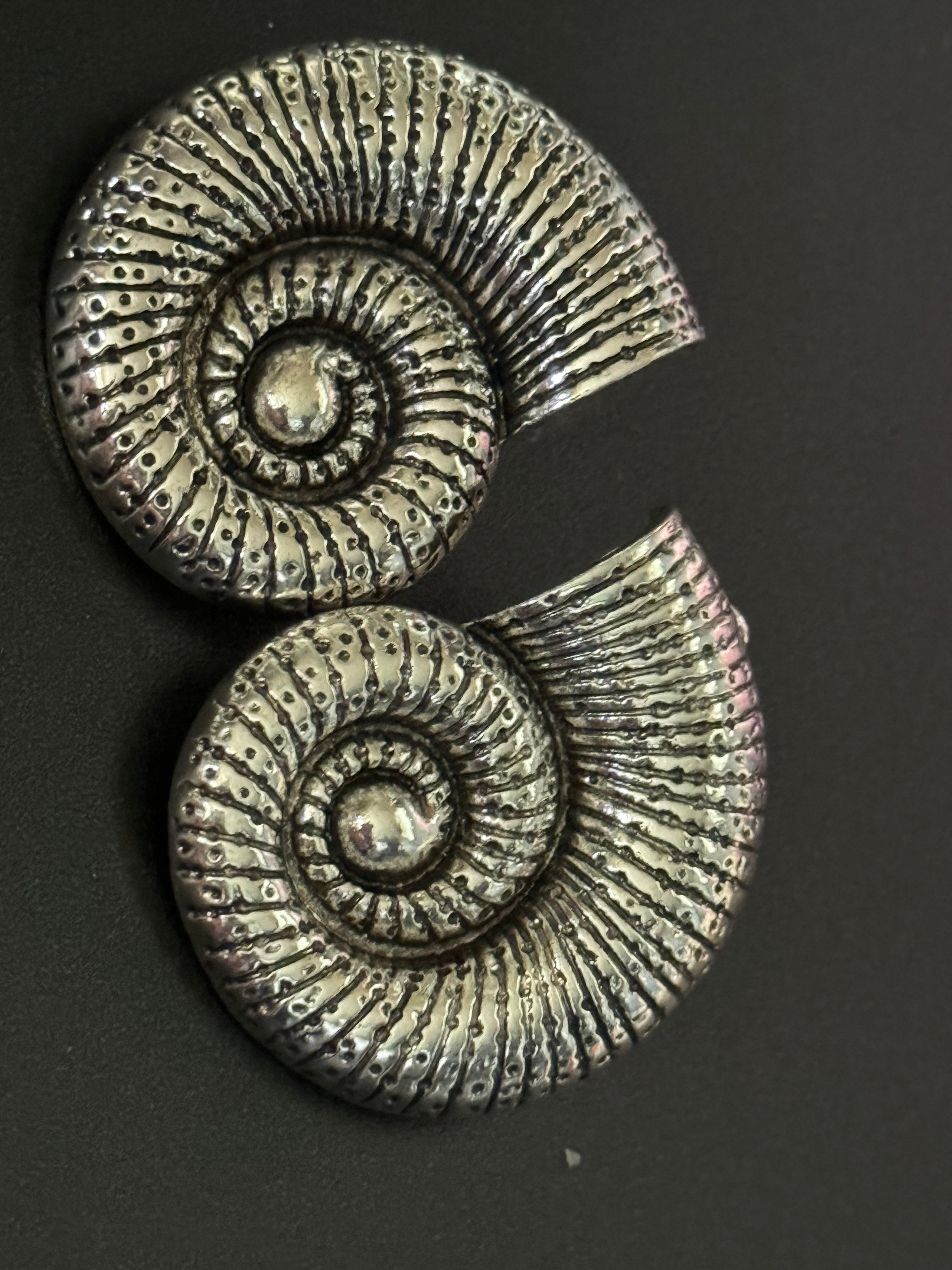 Oversized silver tone sea shell ammonite nautical earrings pierced